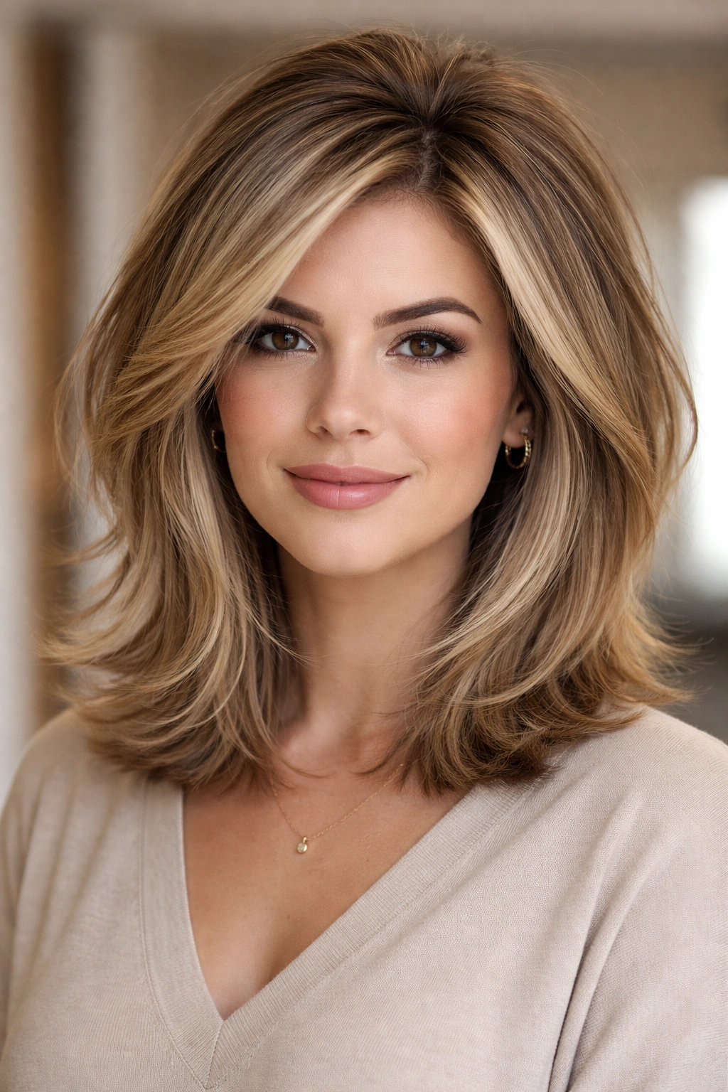 Portrait of a layered lob with crown volume lifting the facial area
