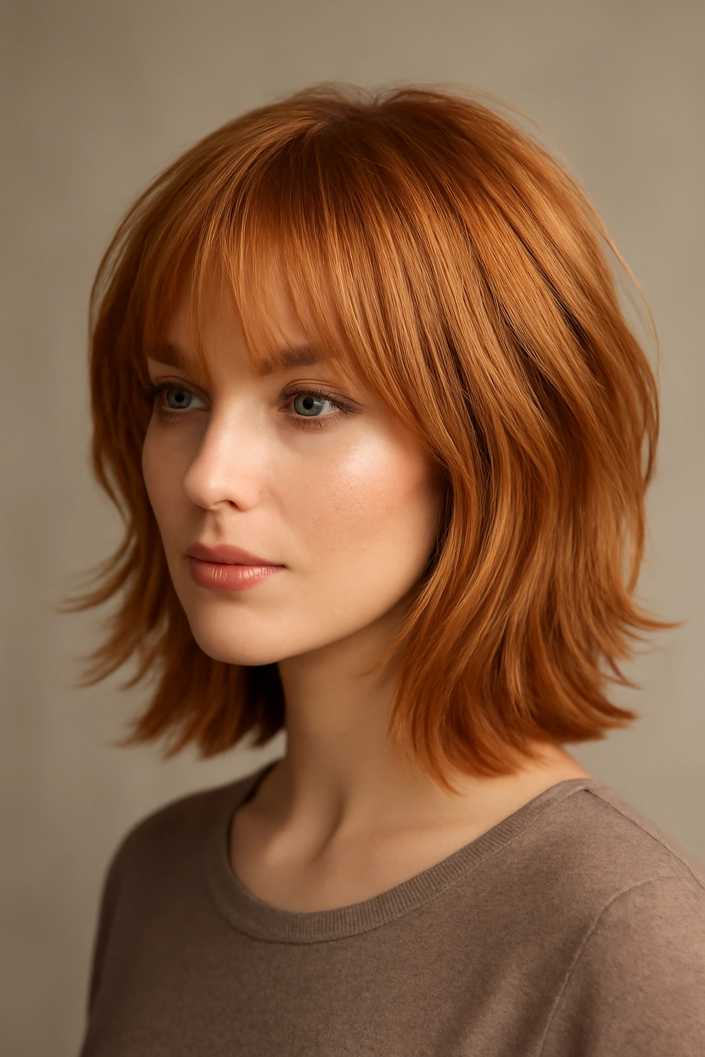 Layered long bob with curtain bangs in strawberry blonde, soft movement