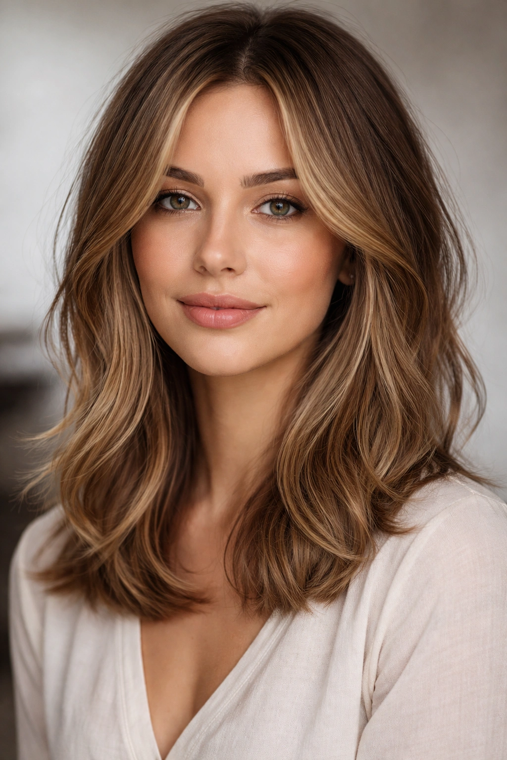 Portrait of a layered lob with cheekbone-length layers framing the face.