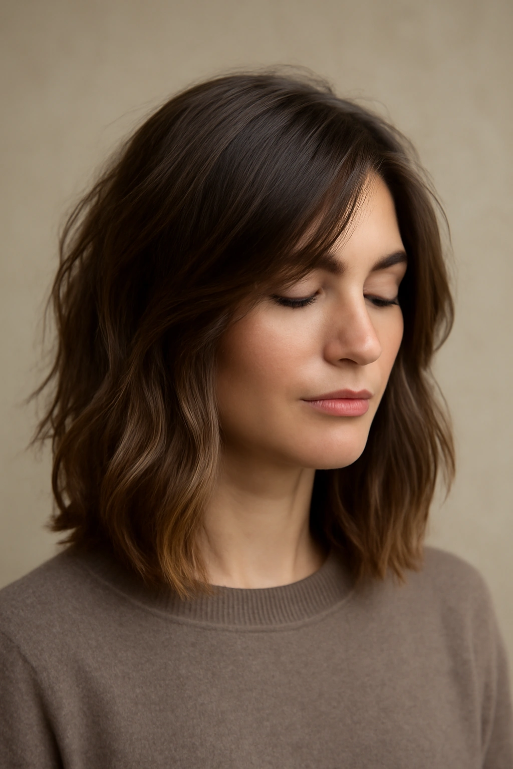 Close-up of a shoulder-length lob with layered waves and natural air-dried texture.