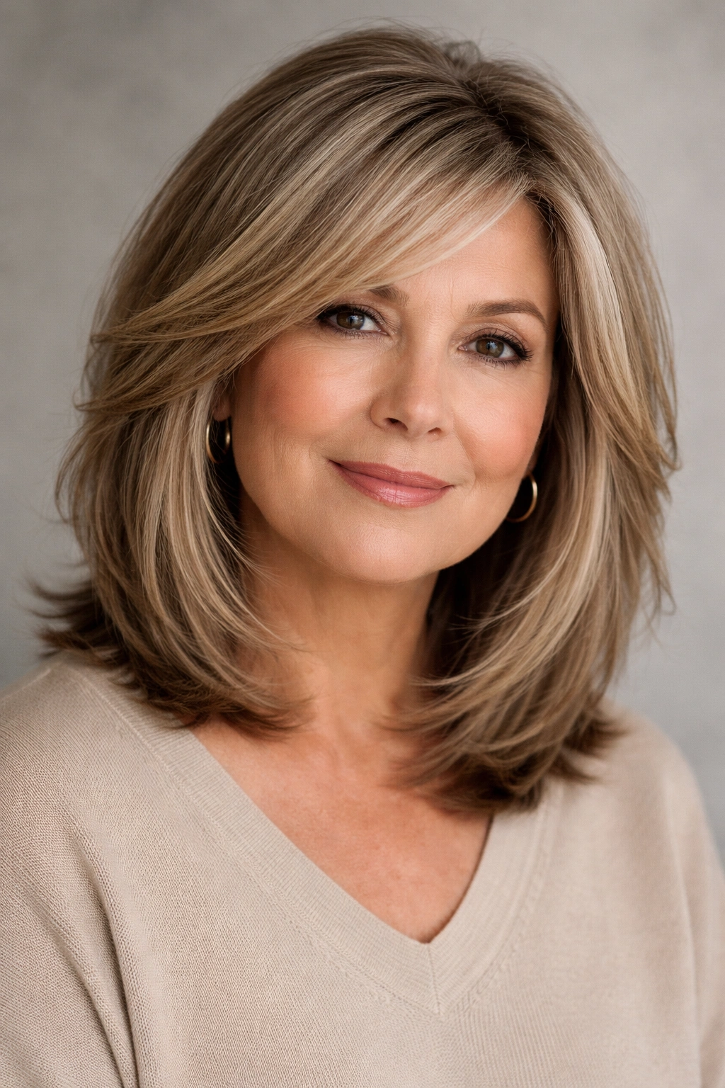 Layered lob hairstyle with face-framing pieces on a round-faced model