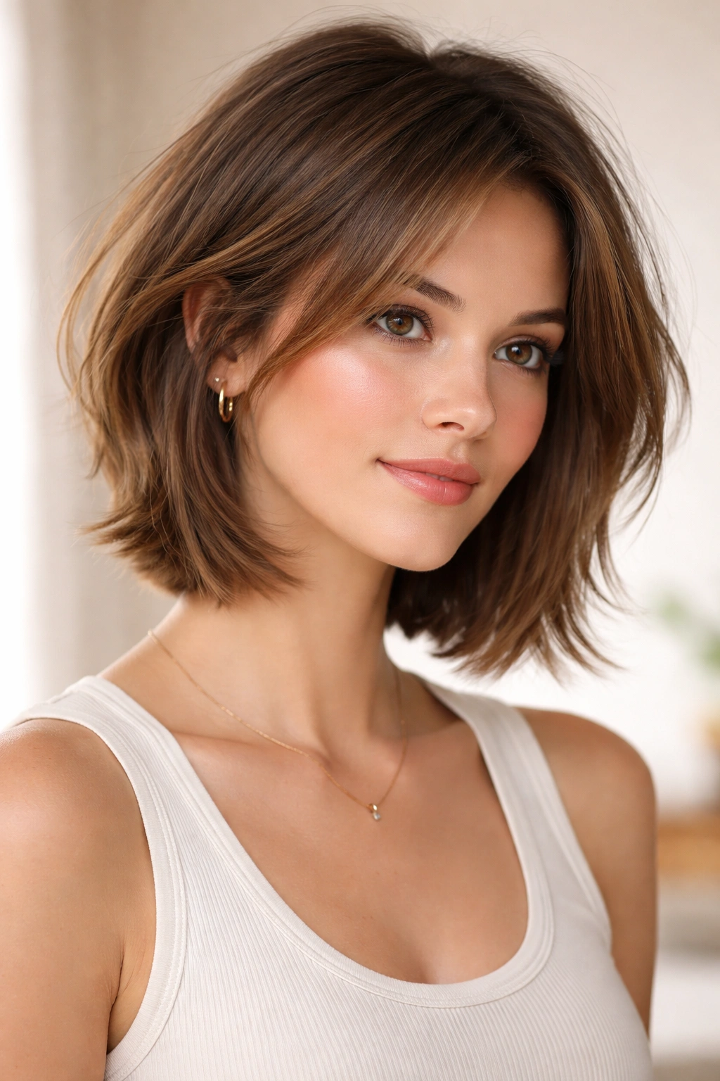 Model with layered lob hairstyle showing crown layers and face-framing pieces