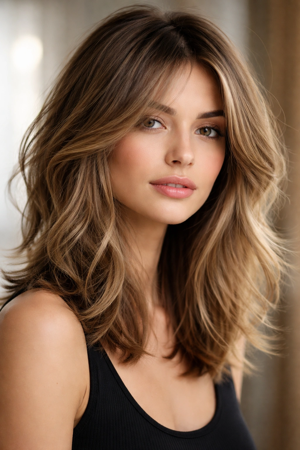 Layered lob hairstyle with crown layers and shorter ends for movement