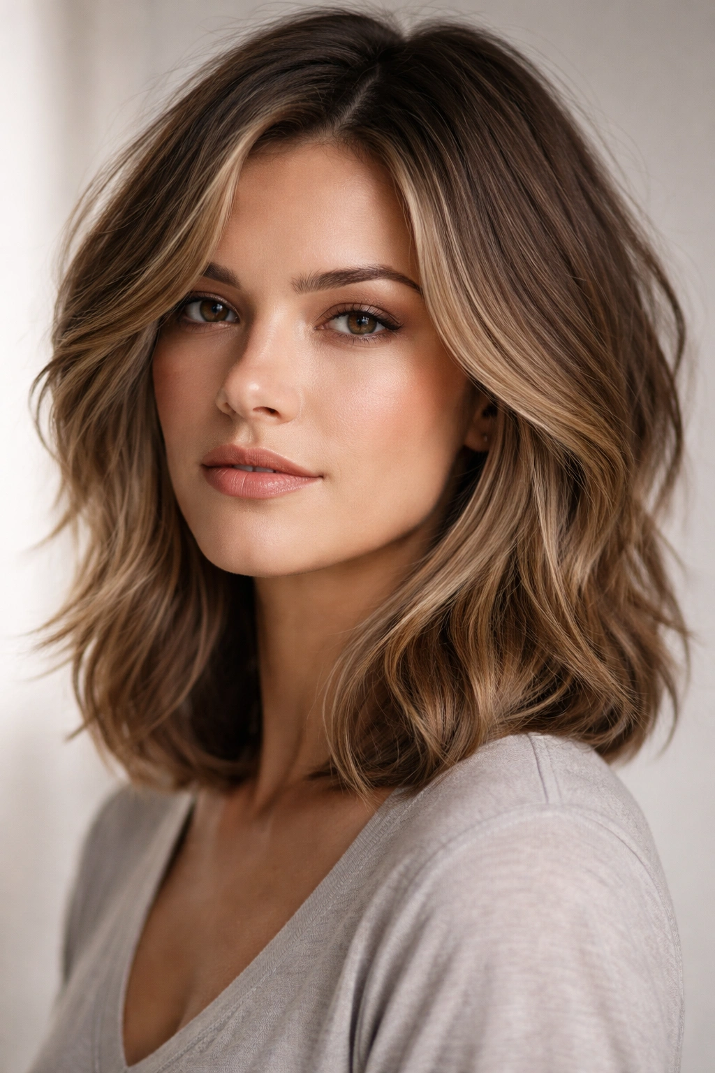 Layered lob hairstyle on shoulder-length hair framing a square jaw