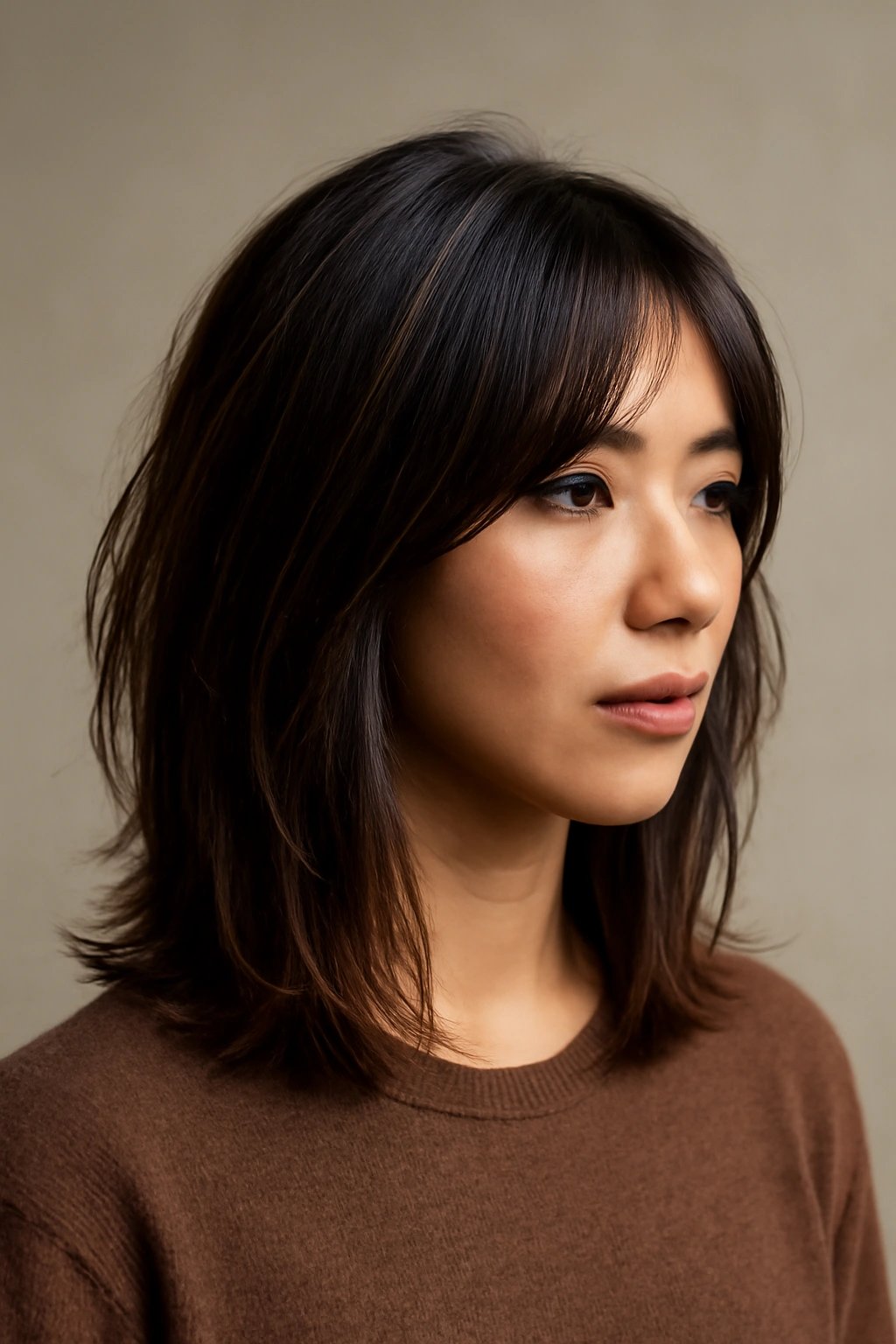 Layered lob hairstyle with textured ends and shoulder-length silhouette in studio lighting.