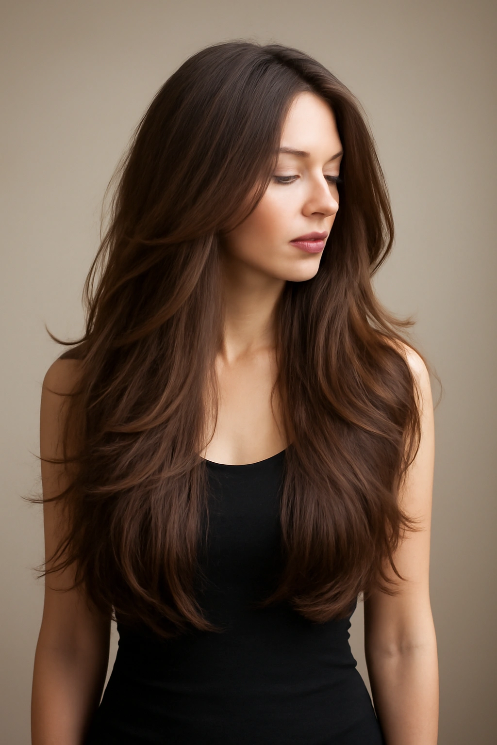 Long waist-length hair with multiple layers catching light for movement