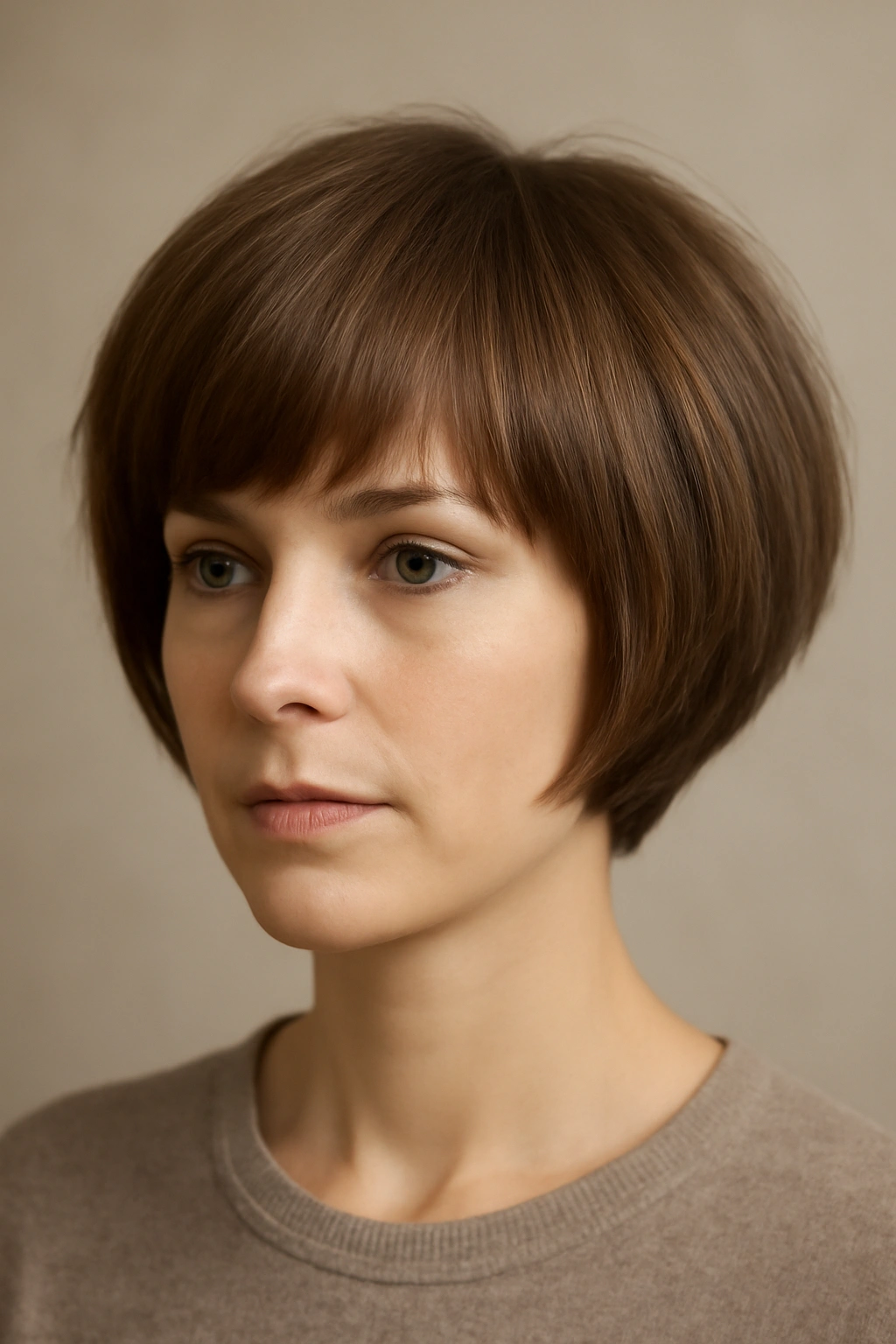Close-up of layered modern bowl haircut on a woman in a studio