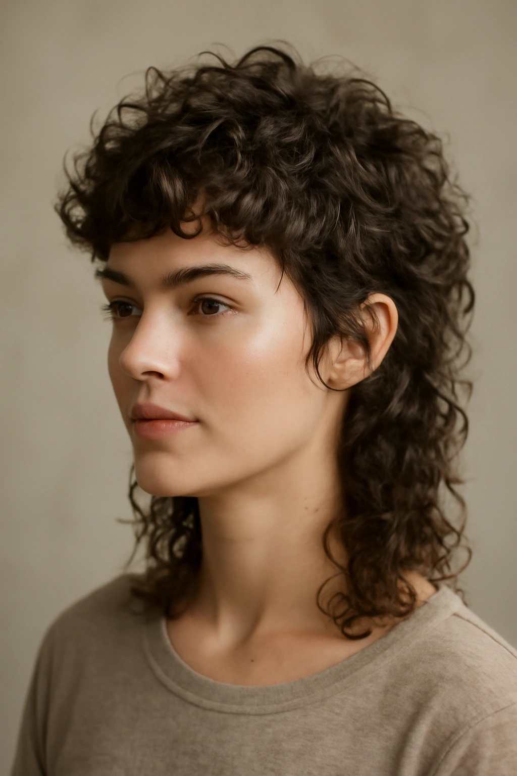 Close-up of layered curly mullet with short top and longer back, defined curls