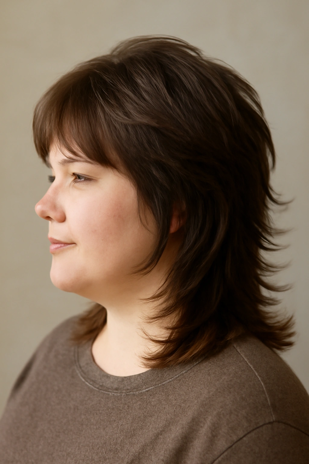 Portrait of a plus-size woman with a layered mullet and feathered ends for soft movement