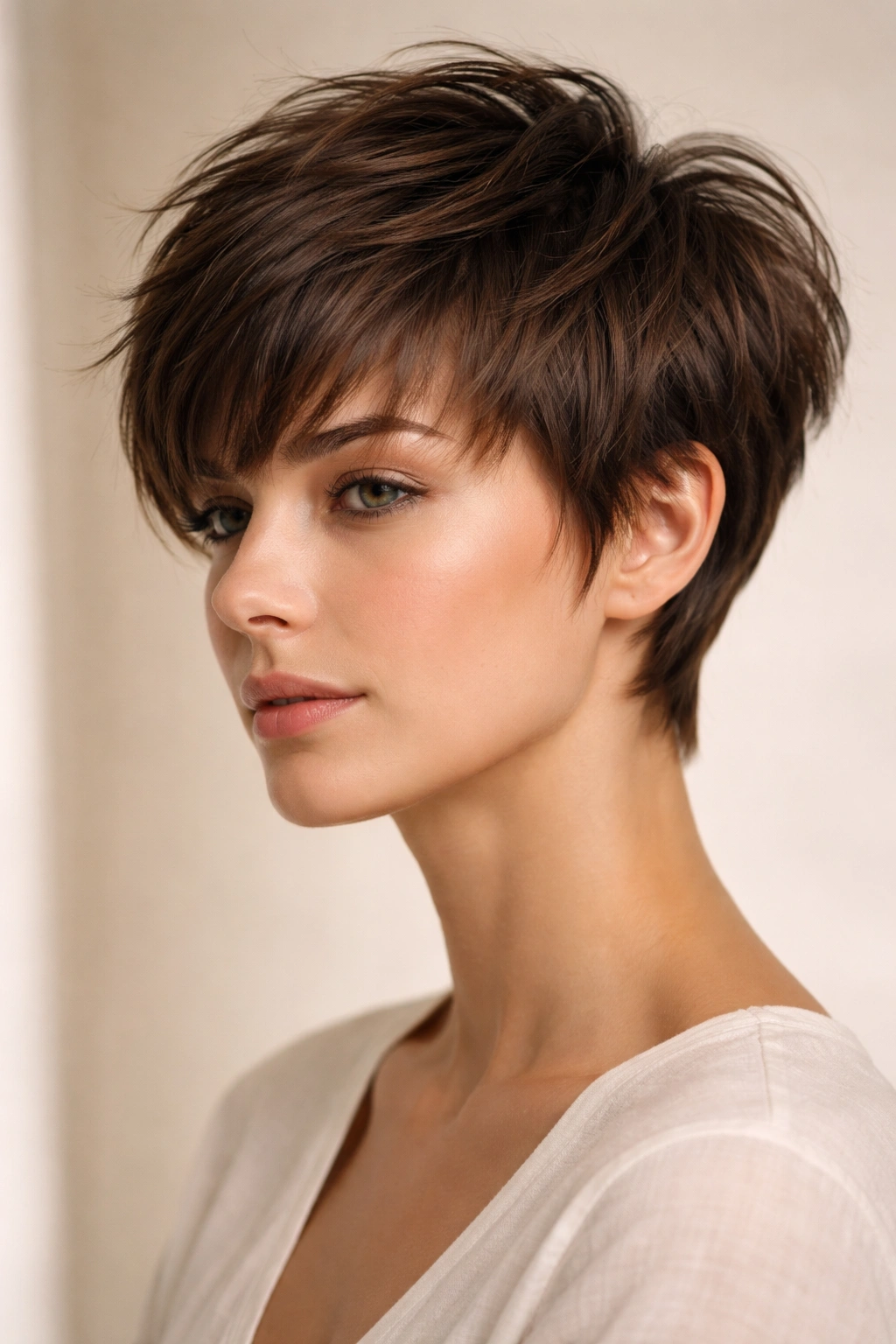 Close-up of layered pixie with textured bangs showing a horizontal forehead break