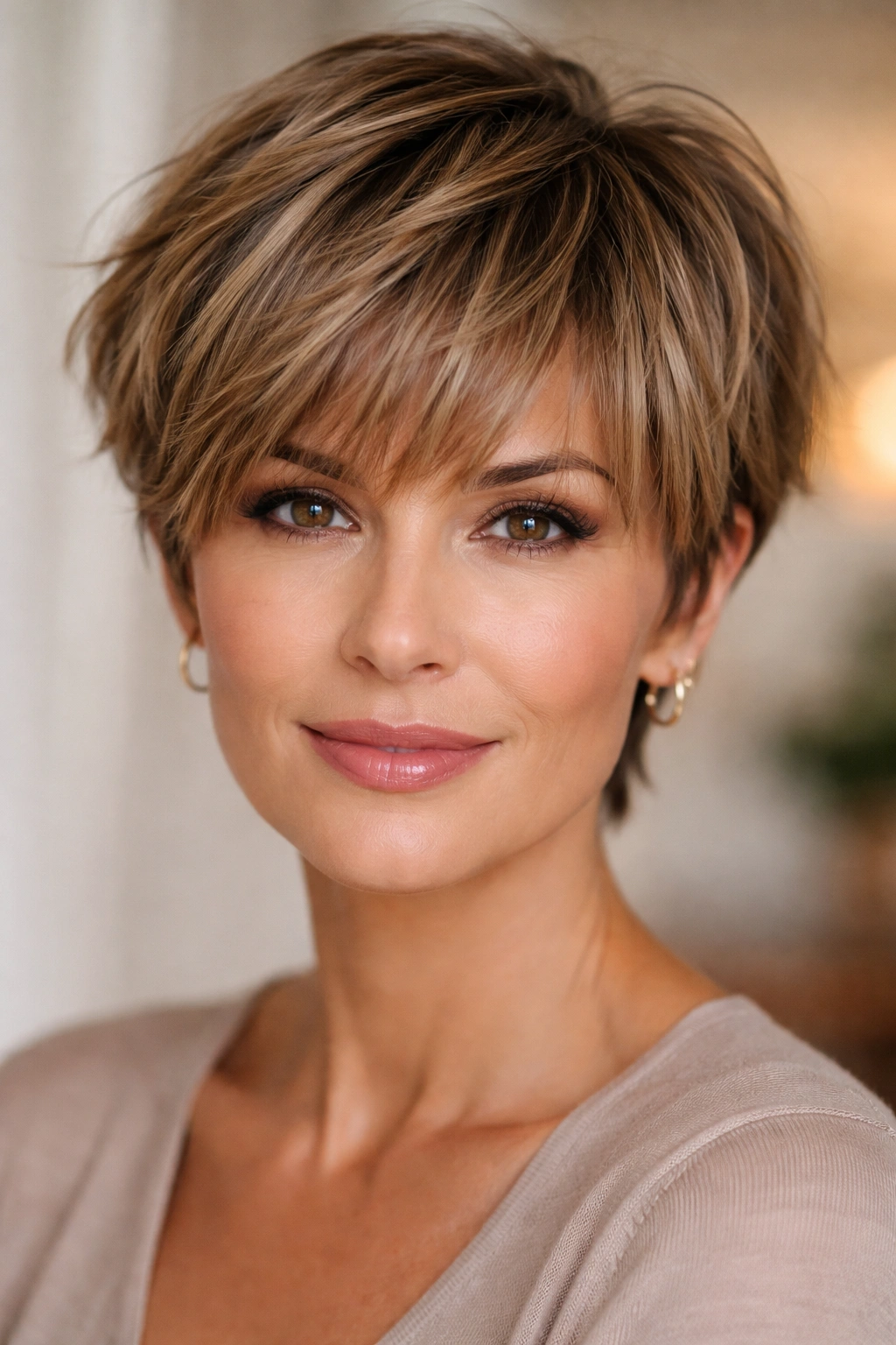Frontal portrait of layered pixie with 2–3 inch bangs blending into feathered layers.