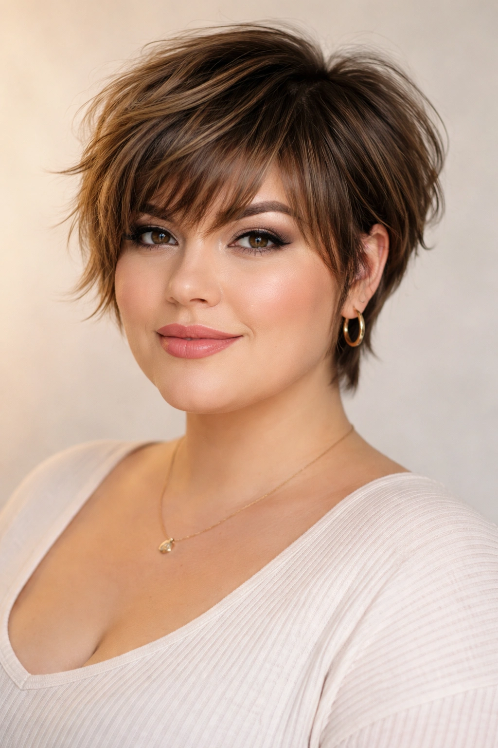 Portrait of a person with layered pixie and bangs, eye-framing and stylish.