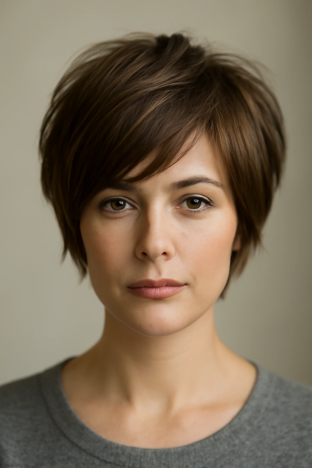 Close-up of The Layered Pixie Bob showcasing crown volume and face-framing layers.