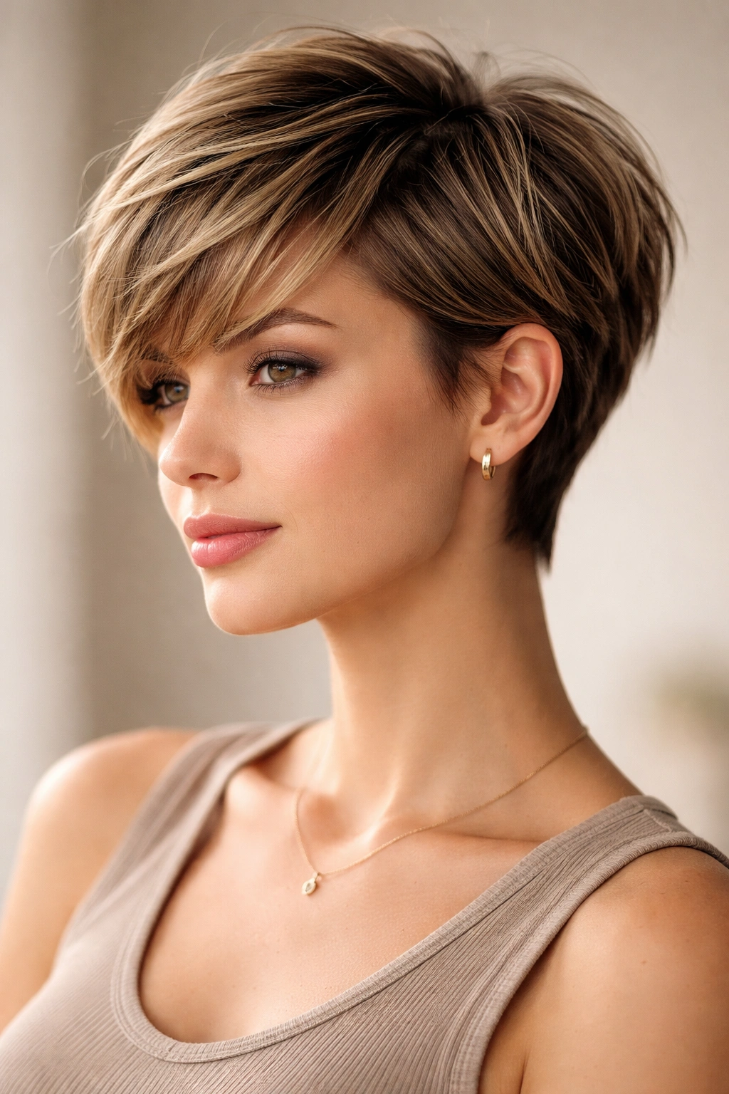 Layered pixie-bob hybrid with short sides and longer textured top