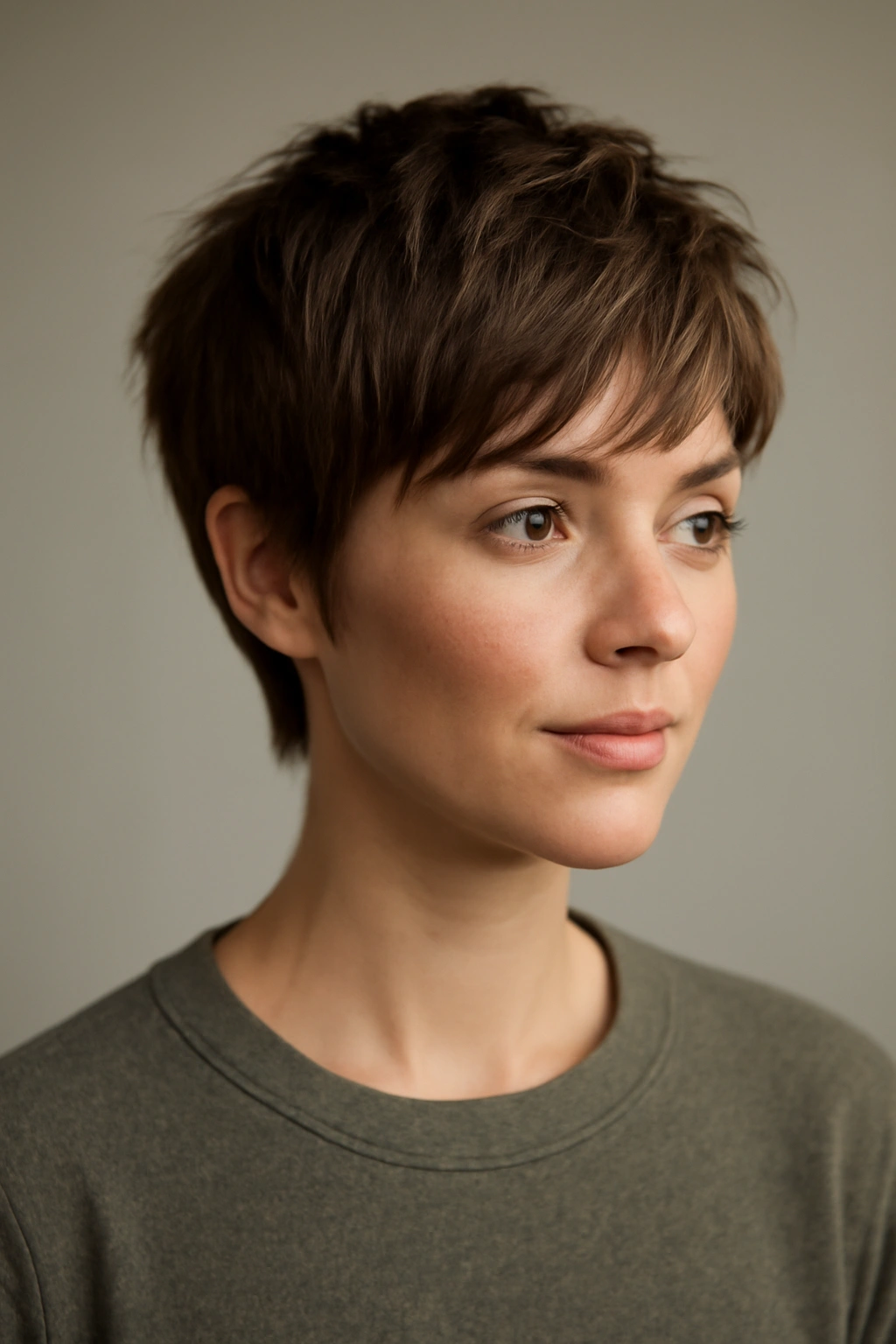 Close-up of a person with a layered pixie cut showing lift and texture