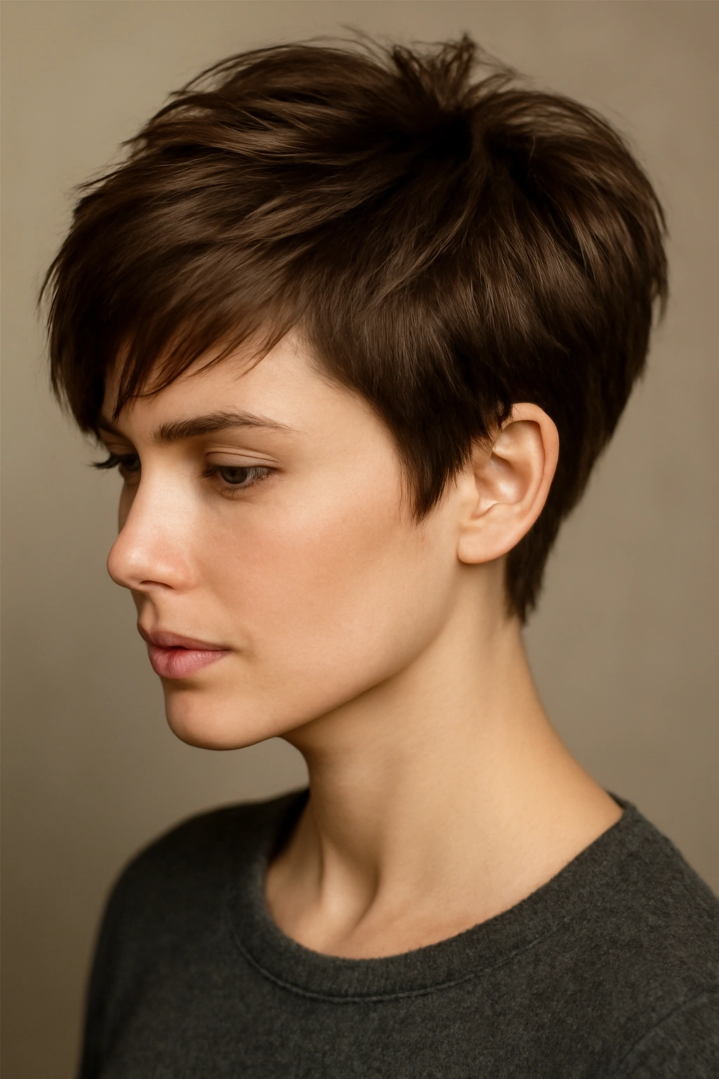 Layered pixie cut showing stacked top layers and short sides with visible movement.