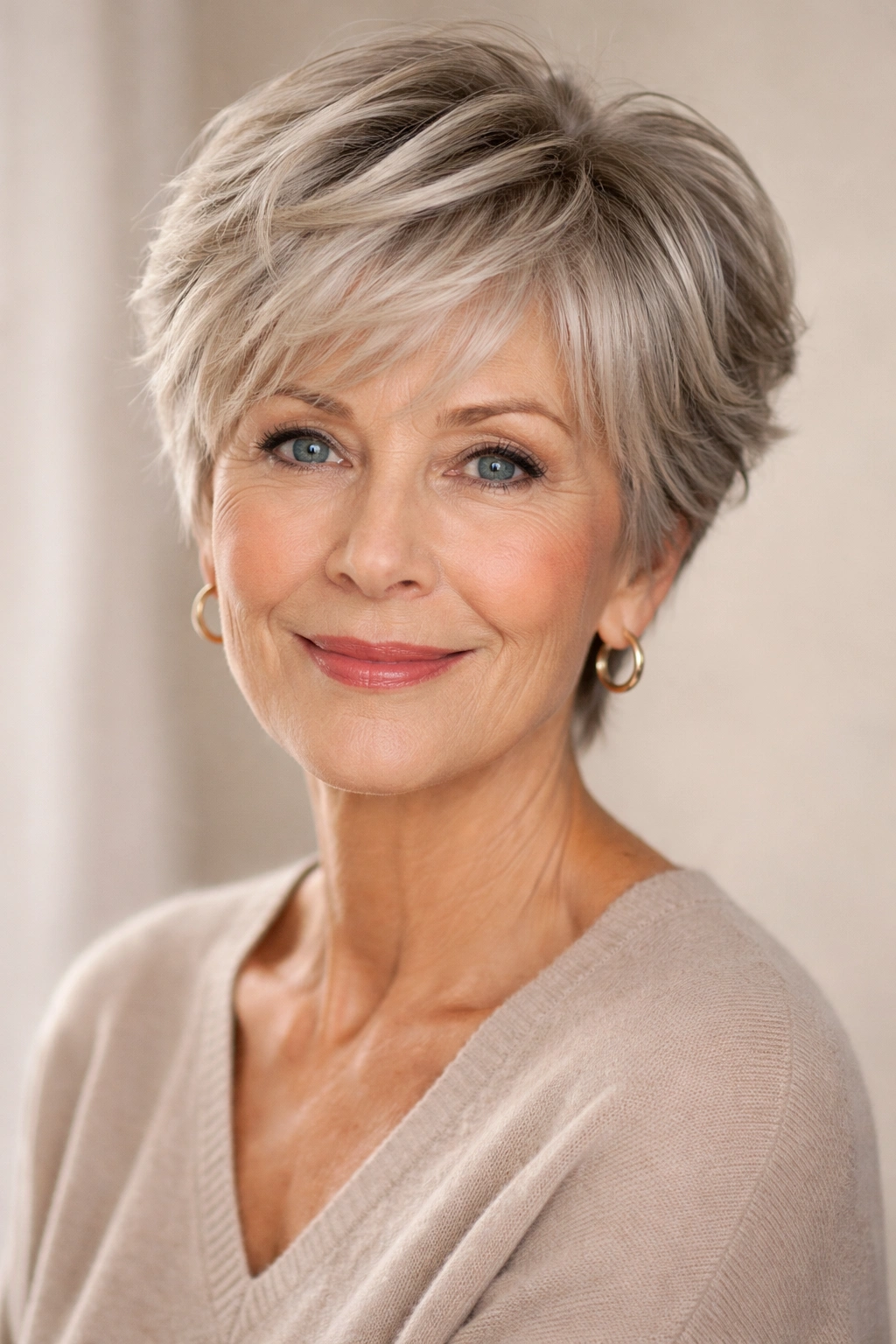 Close-up of an older woman with layered pixie cut showing textured layers and volume