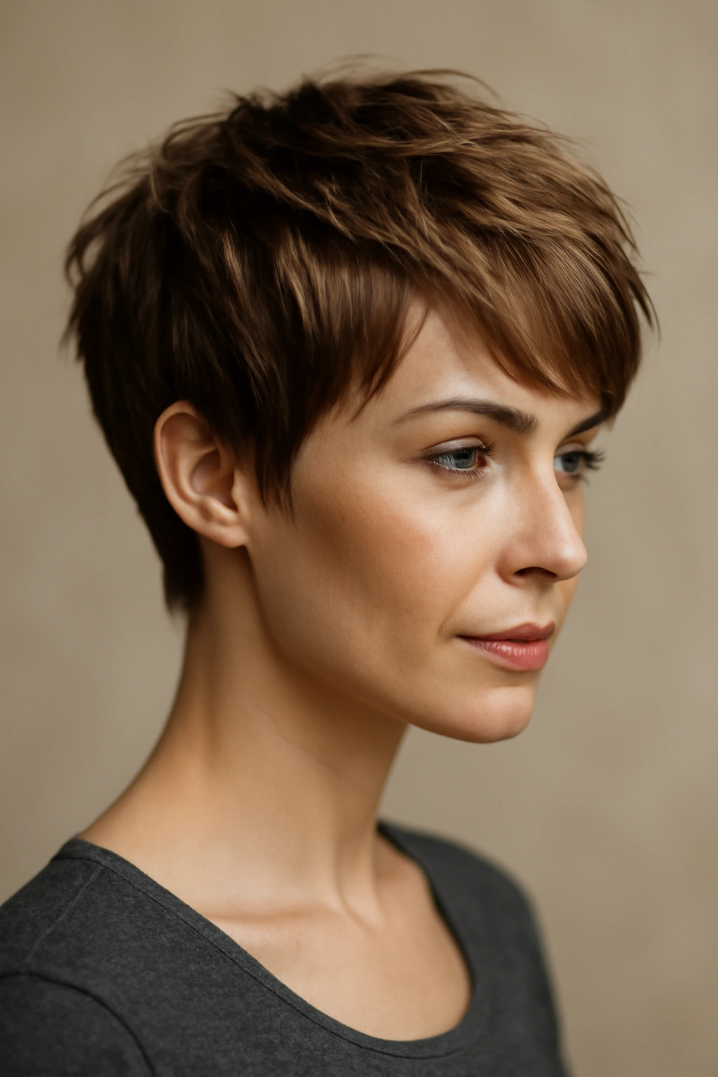 Close-up of layered pixie cut showing texture and movement