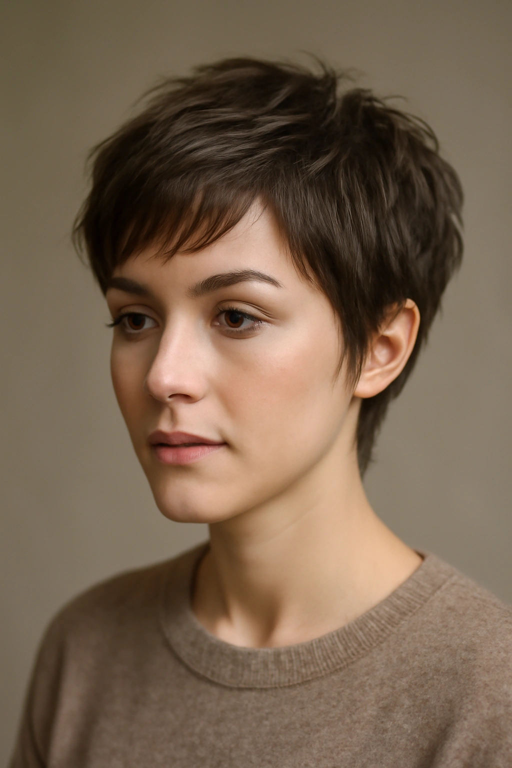 Close-up portrait of heart-shaped face with layered pixie showing jawline framing