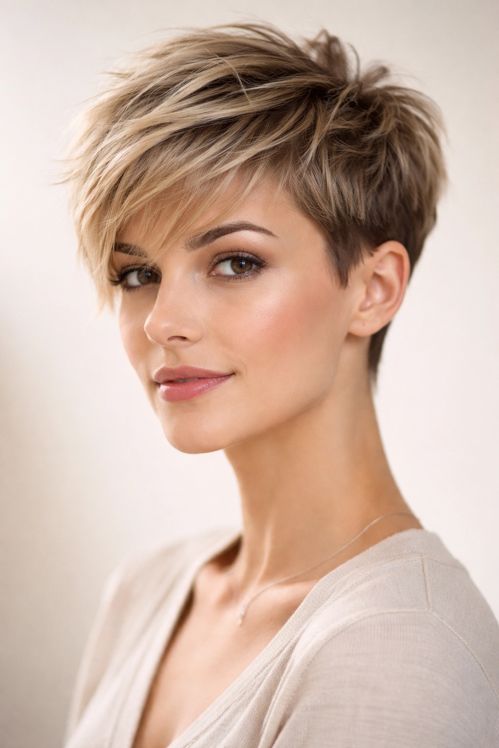 Portrait of a person with a layered pixie hairstyle featuring a longer crown for volume.