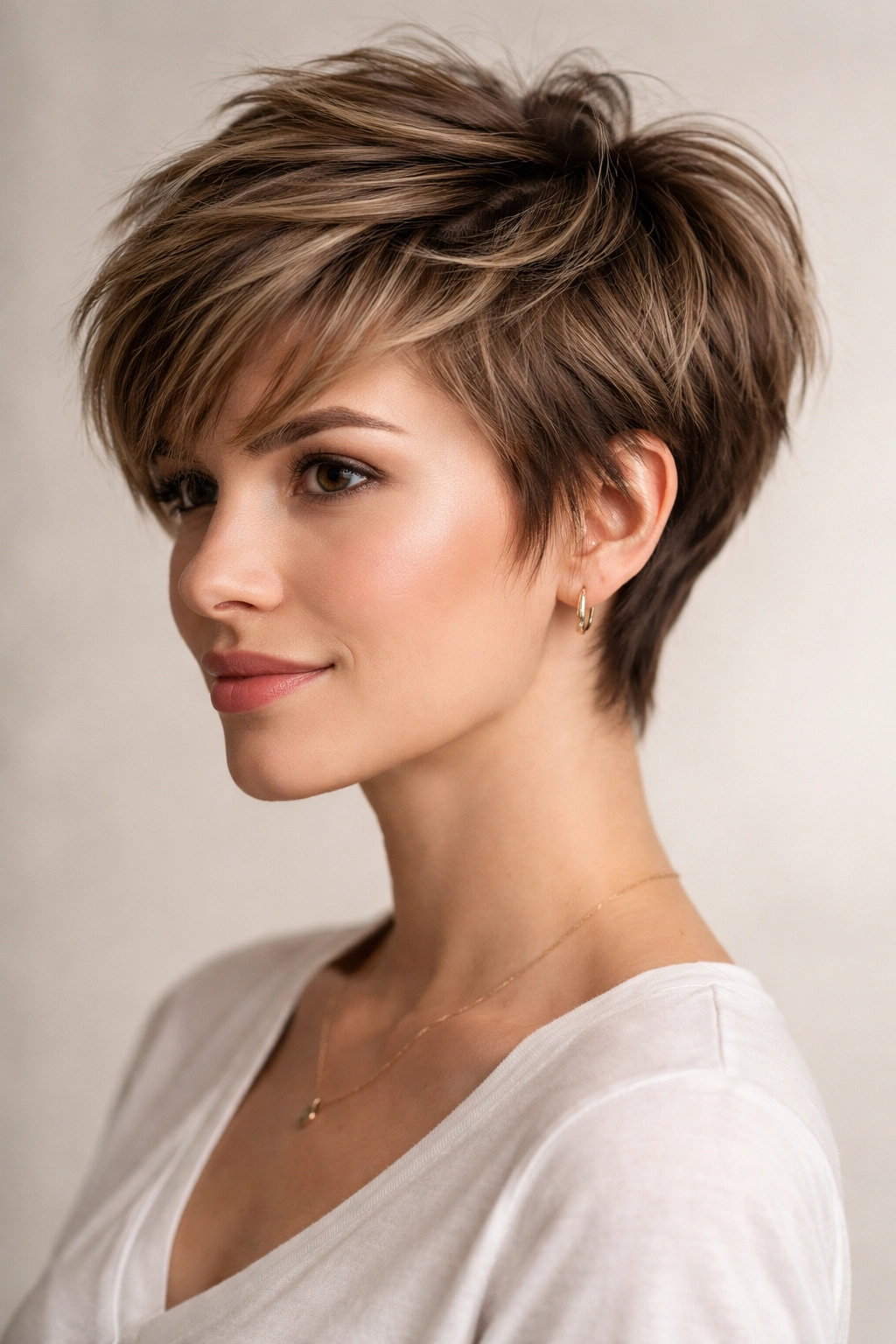 Layered pixie with longer top and choppy layers creating volume and movement around the crown