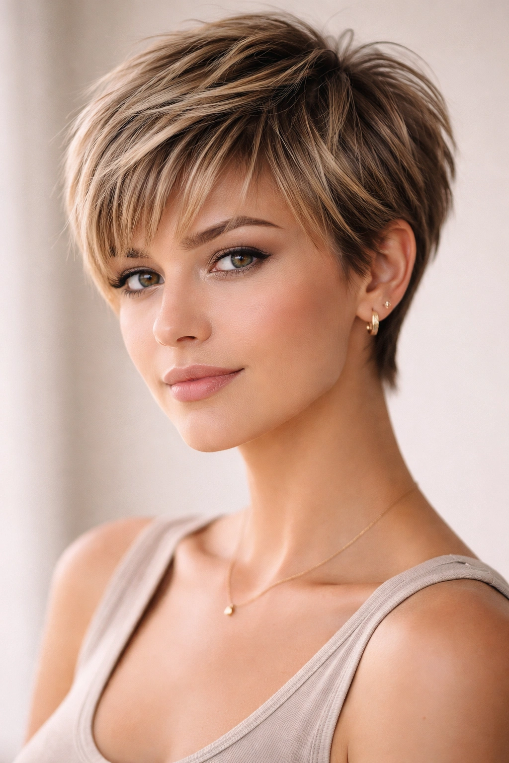 Portrait of The Layered Pixie with Wispy Bangs with layered crown and wispy bangs.