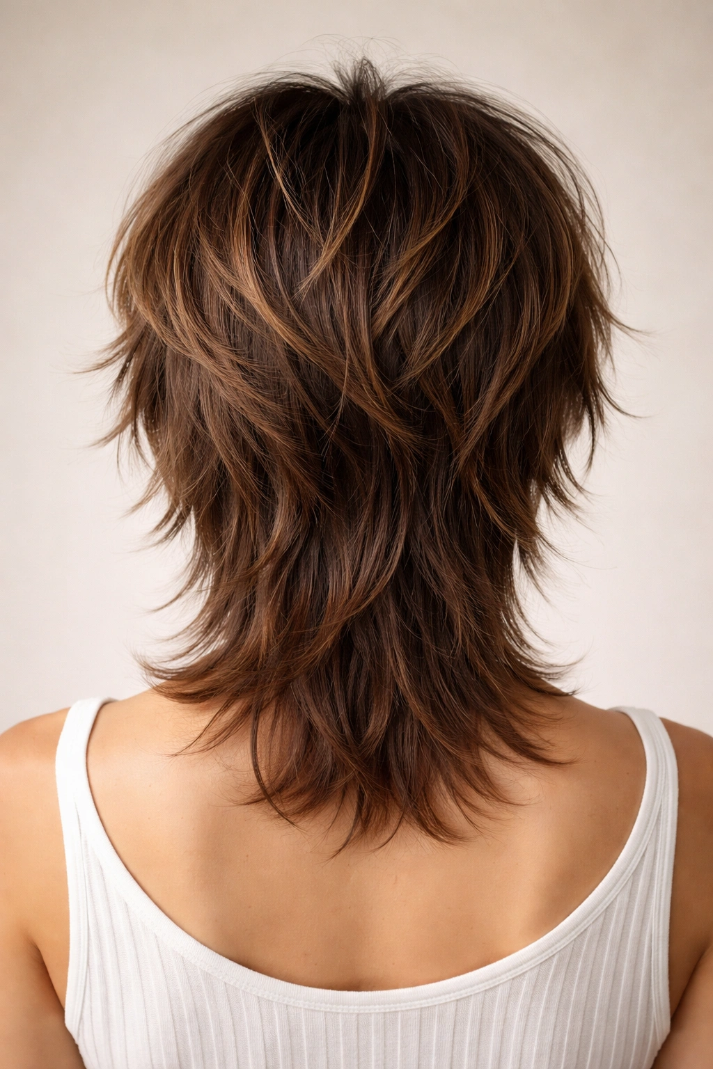 Back view of layered shag with crown layers and long underneath texture.