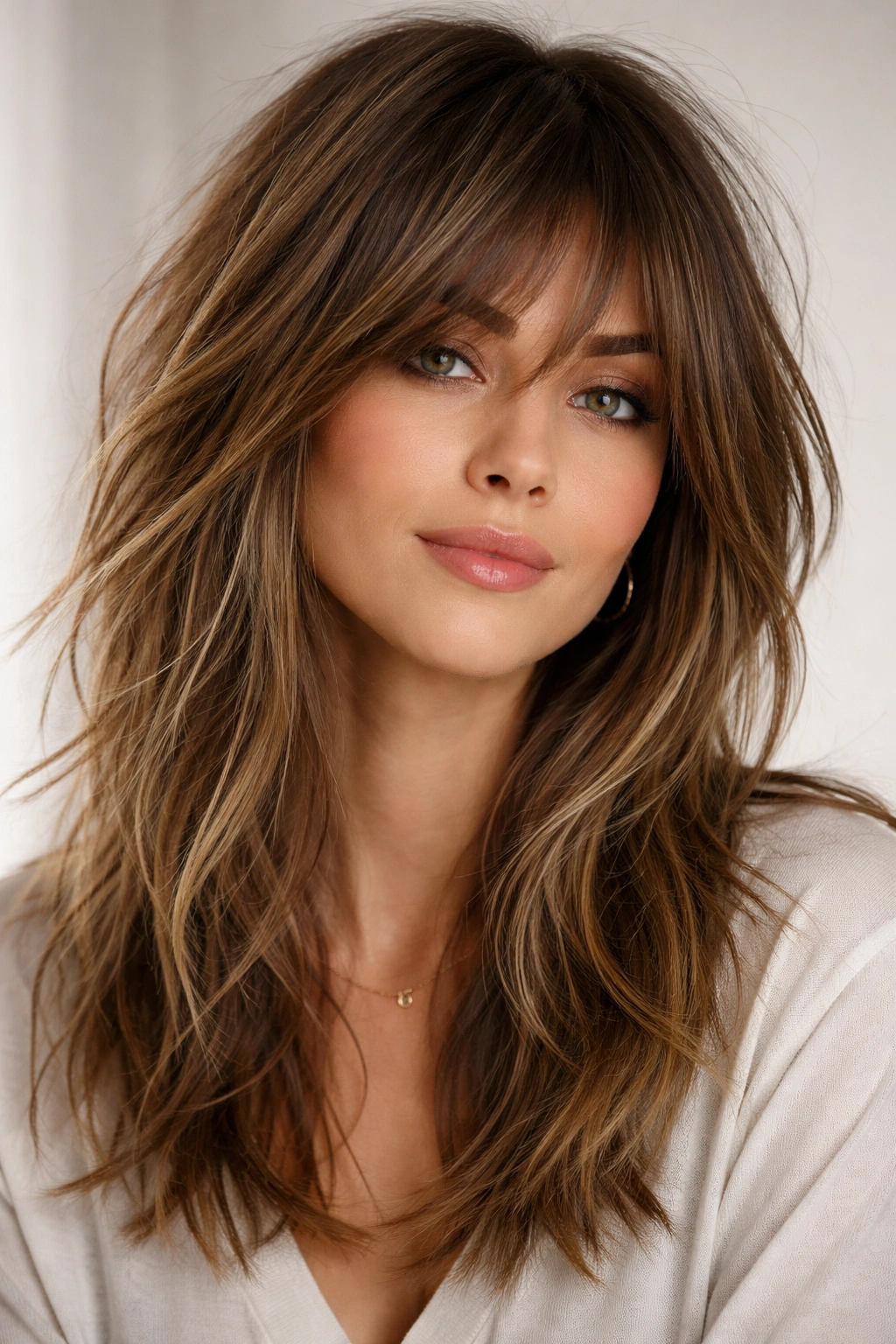 Medium-length layered shag with choppy long bangs showing texture