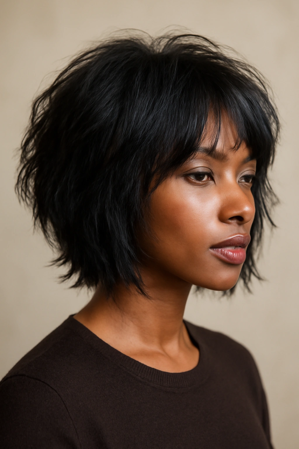 Portrait of a Black woman with a layered shag bob, voluminous crown and textured ends.