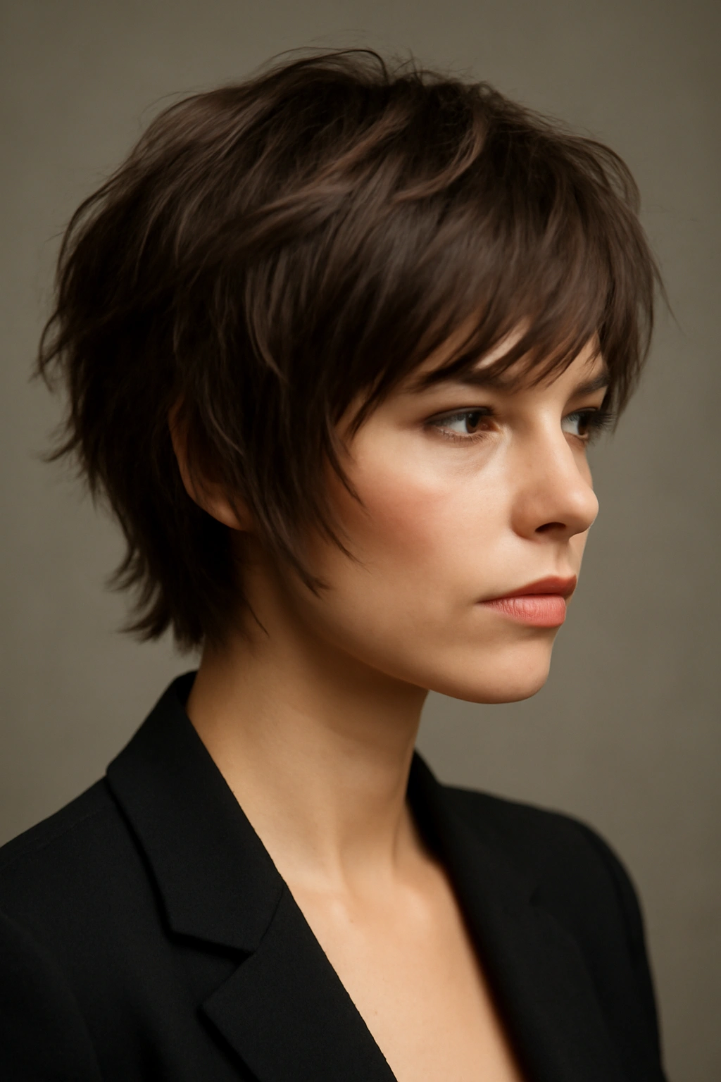Close-up of a short layered shag hairstyle with defined layers and movement