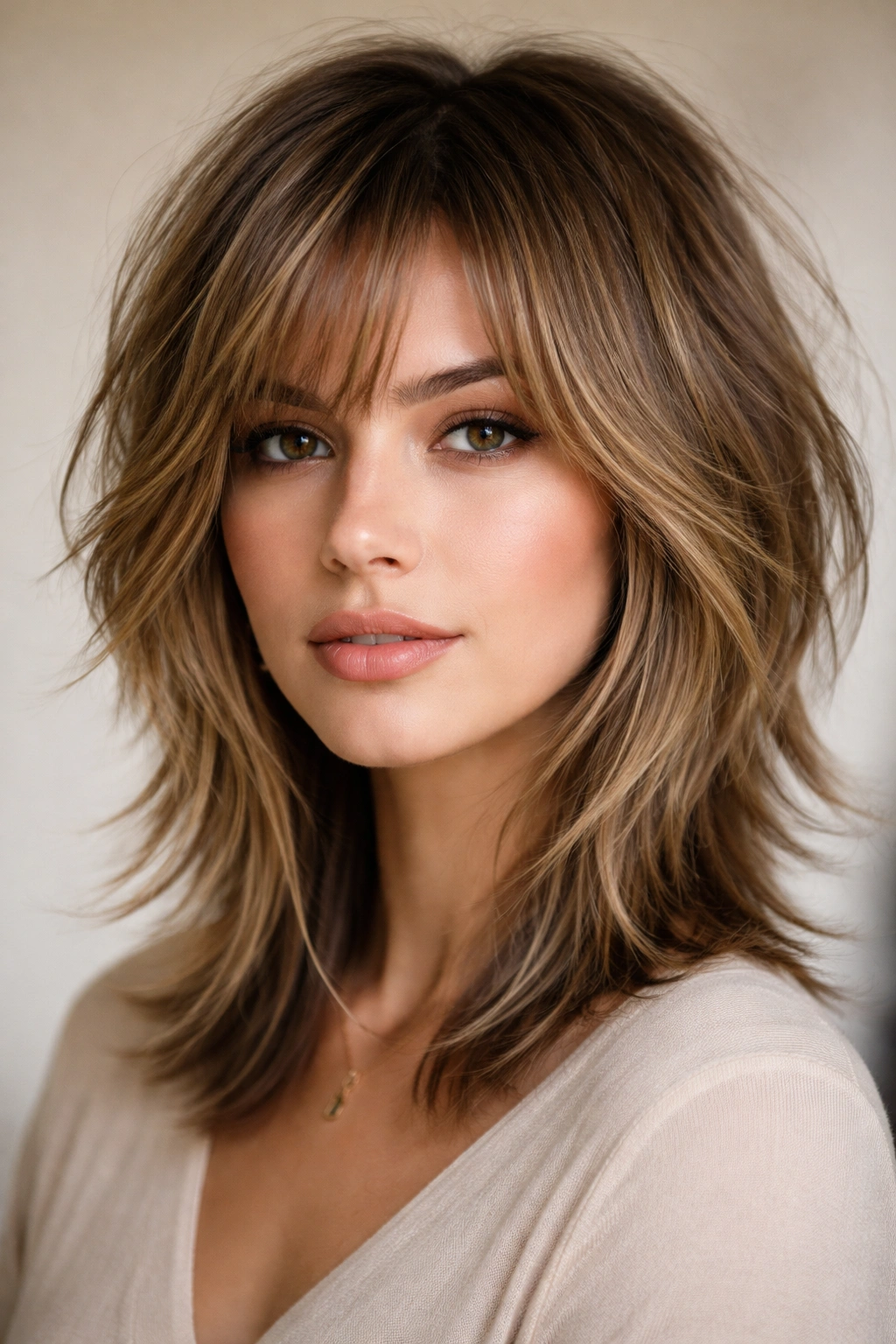 Face-framing layered shag at chin-to-shoulder length emphasizing framing.