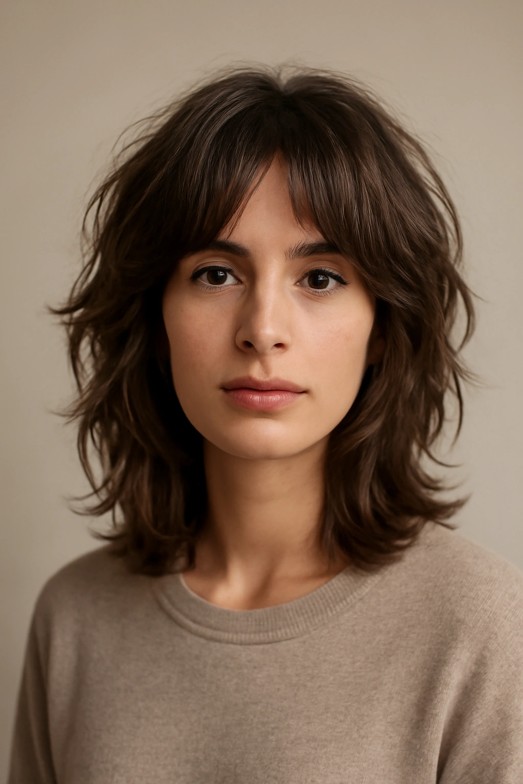 Portrait of layered shag haircut with voluminous, tousled layers