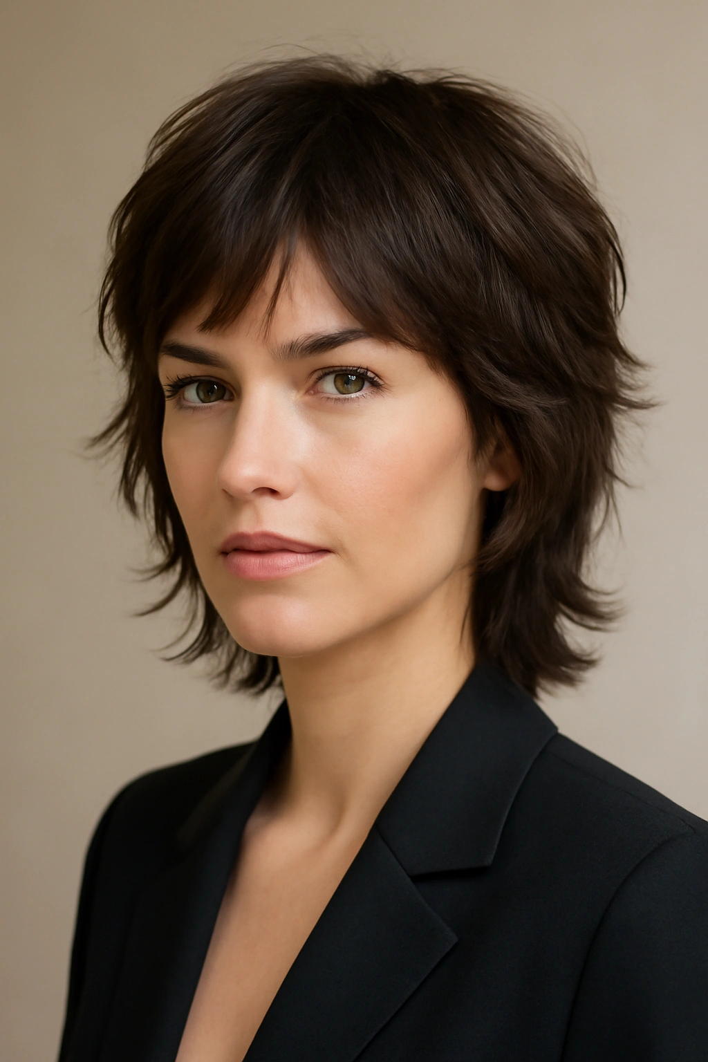 Layered shag with face-framing layers and medium length.