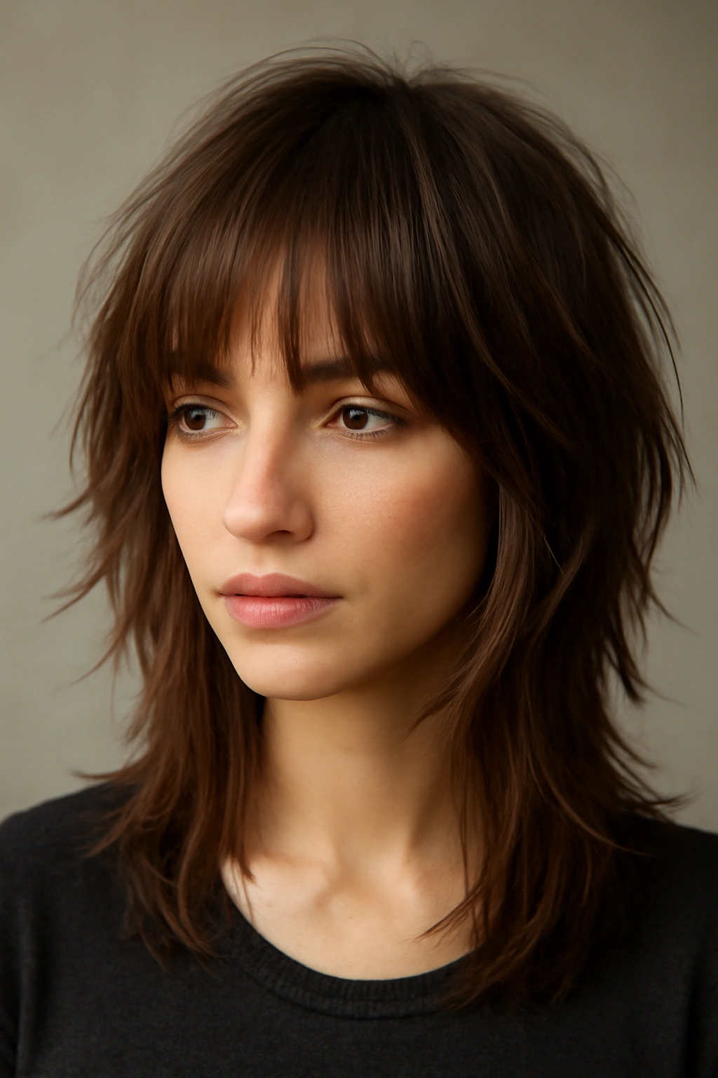 Close-up of layered shag hairstyle with long bangs, showcasing texture and volume
