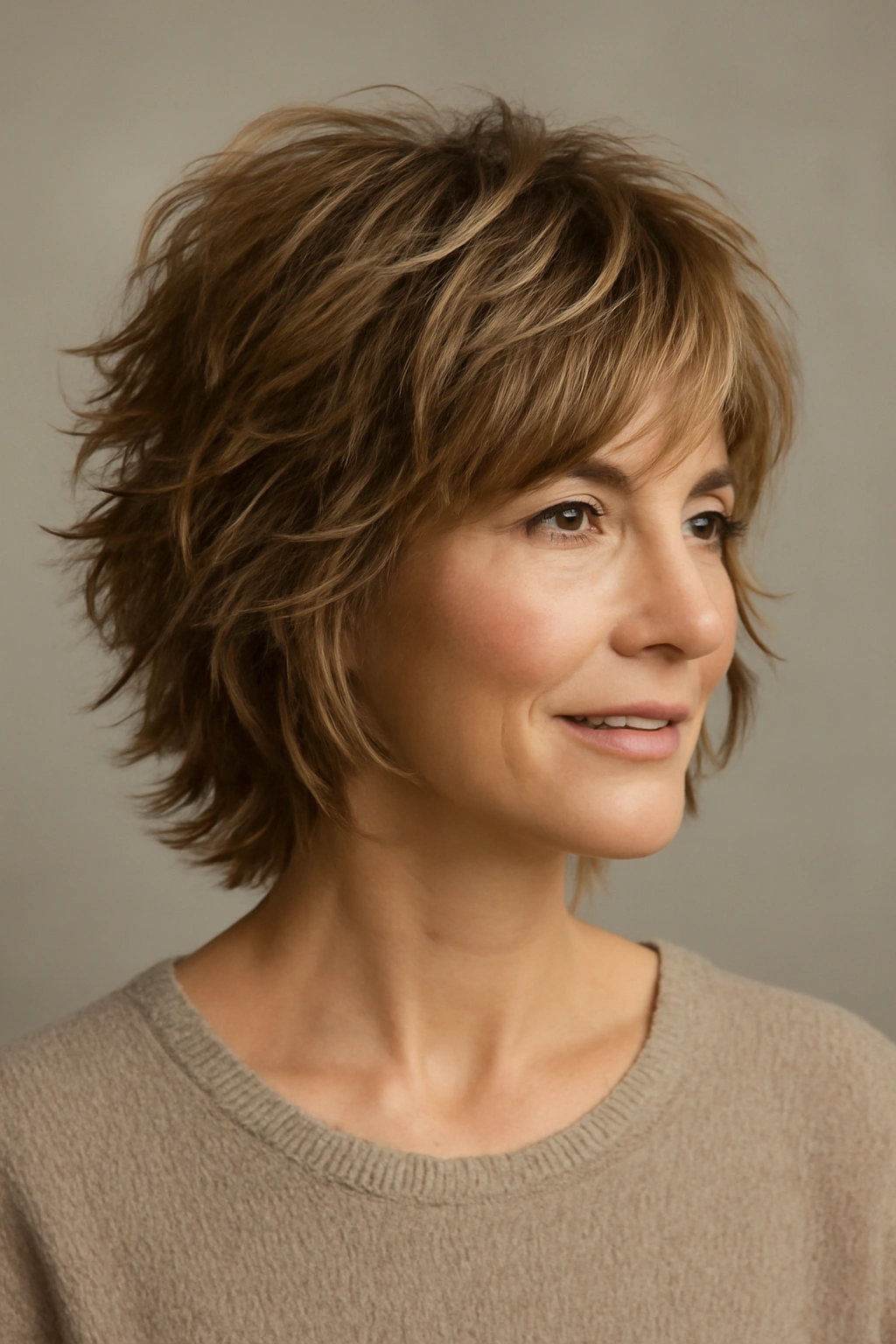 Layered shag hairstyle with texture and natural waves in a studio portrait.
