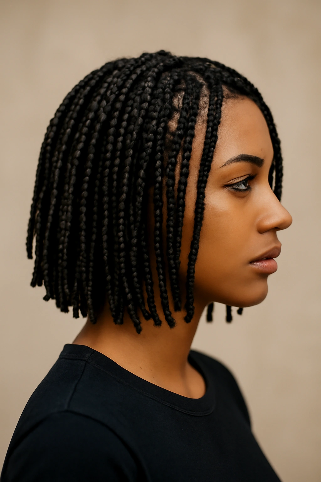 Layered short box braids with varying lengths and clean ends