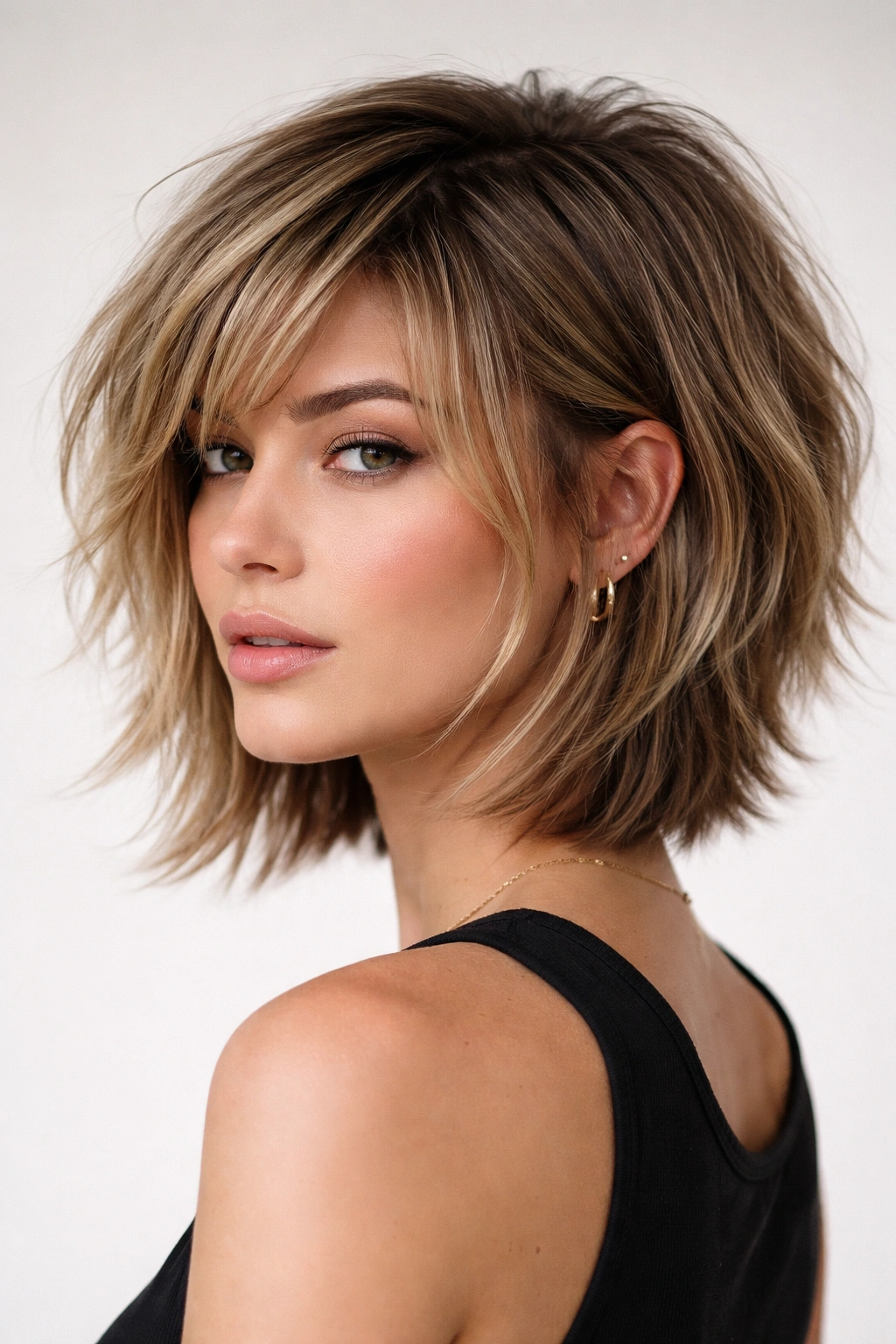 Portrait of a layered textured bob with face-framing short layers and longer underneath for volume.
