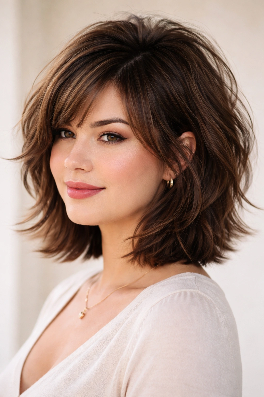 Round-faced model with layered textured bob showing crown height