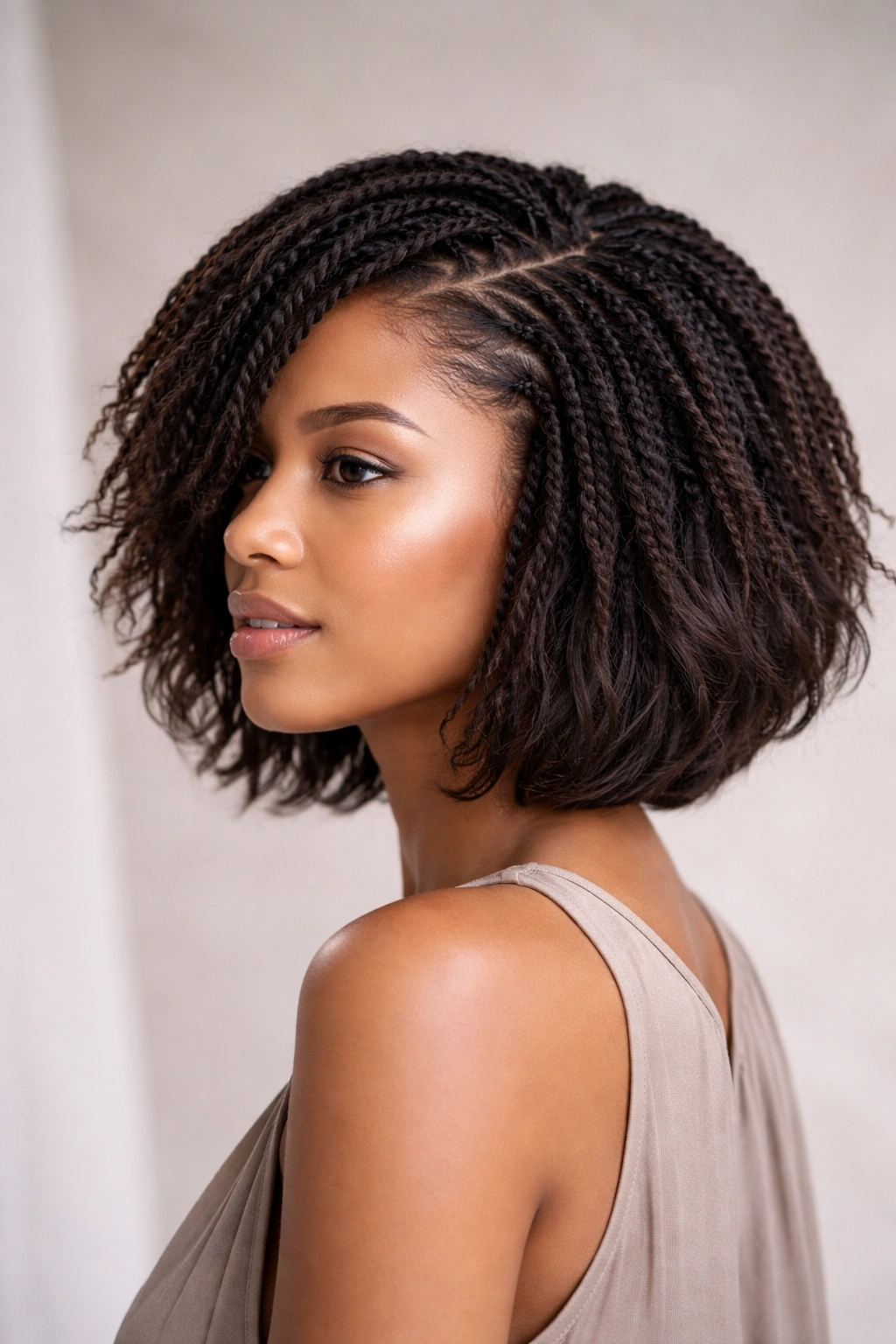 Close-up of a short layered twist bob showing crown twists and brushed-out layers