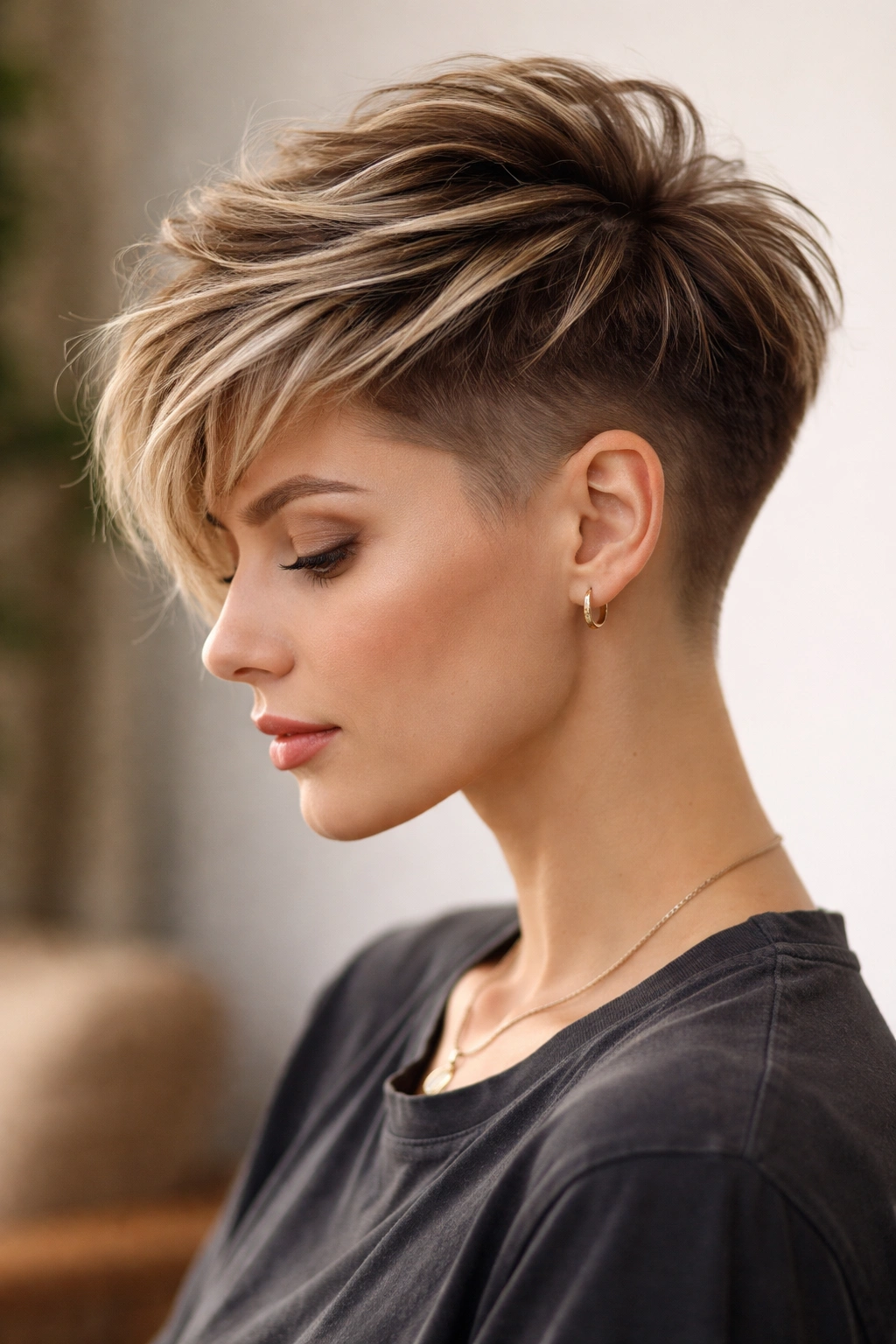 Close-up of layered undercut hairstyle with shaved sides and textured top