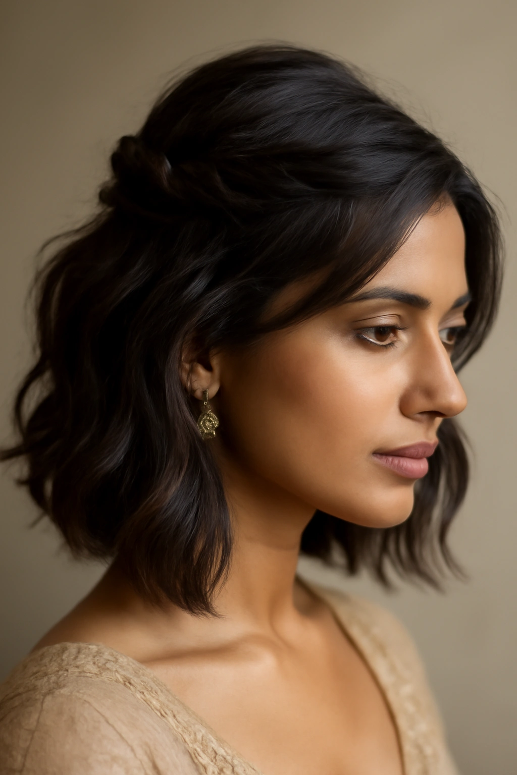 Layered waves with a half-up twist on short hair