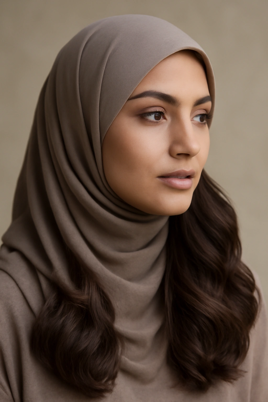 Close-up of layered, wavy hair styled for hijab with soft texture and volume
