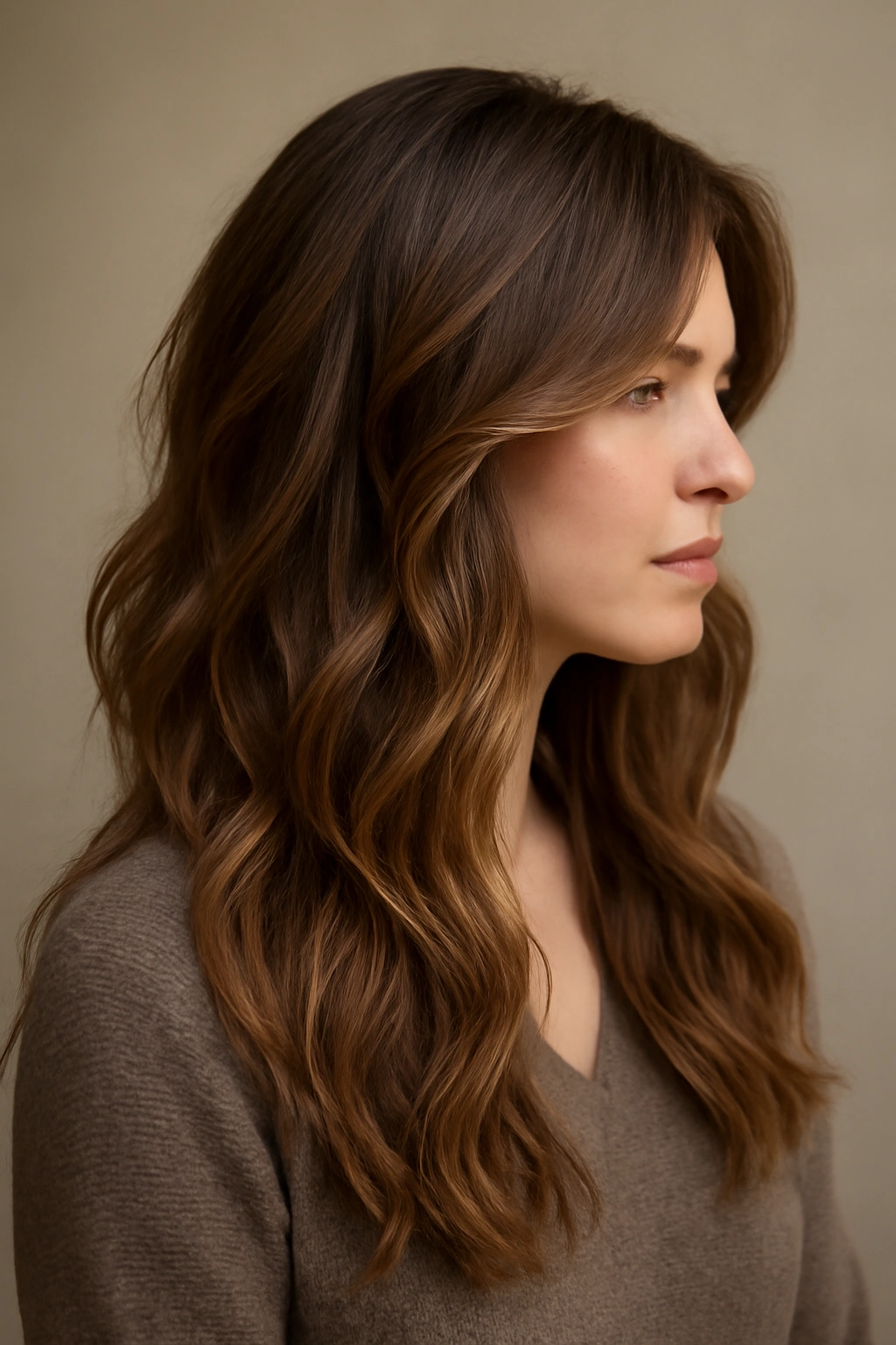Layered long hair with textured waves and visible layers