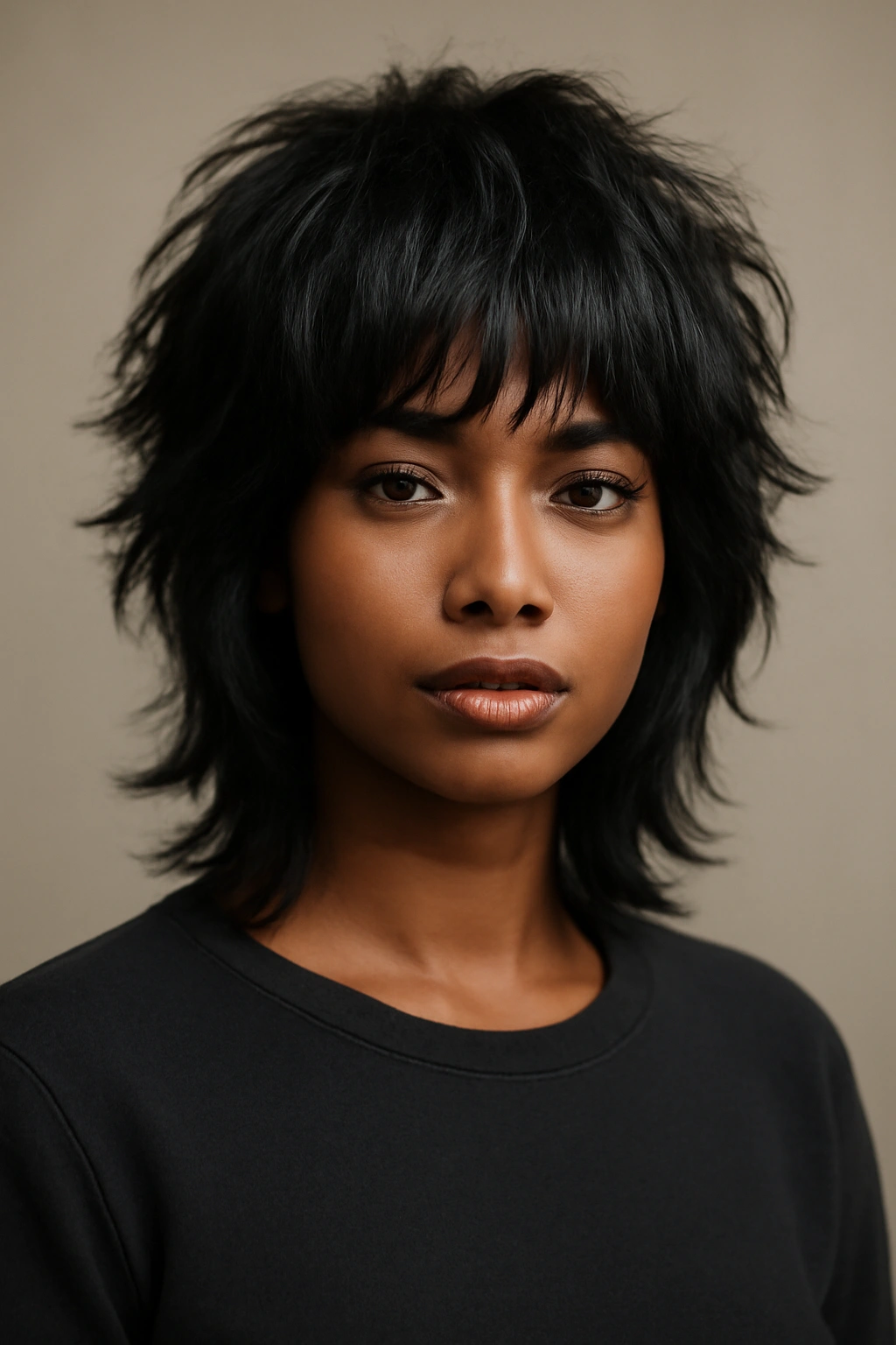 Portrait of a person with a layered wolf cut showing choppy layers and voluminous texture