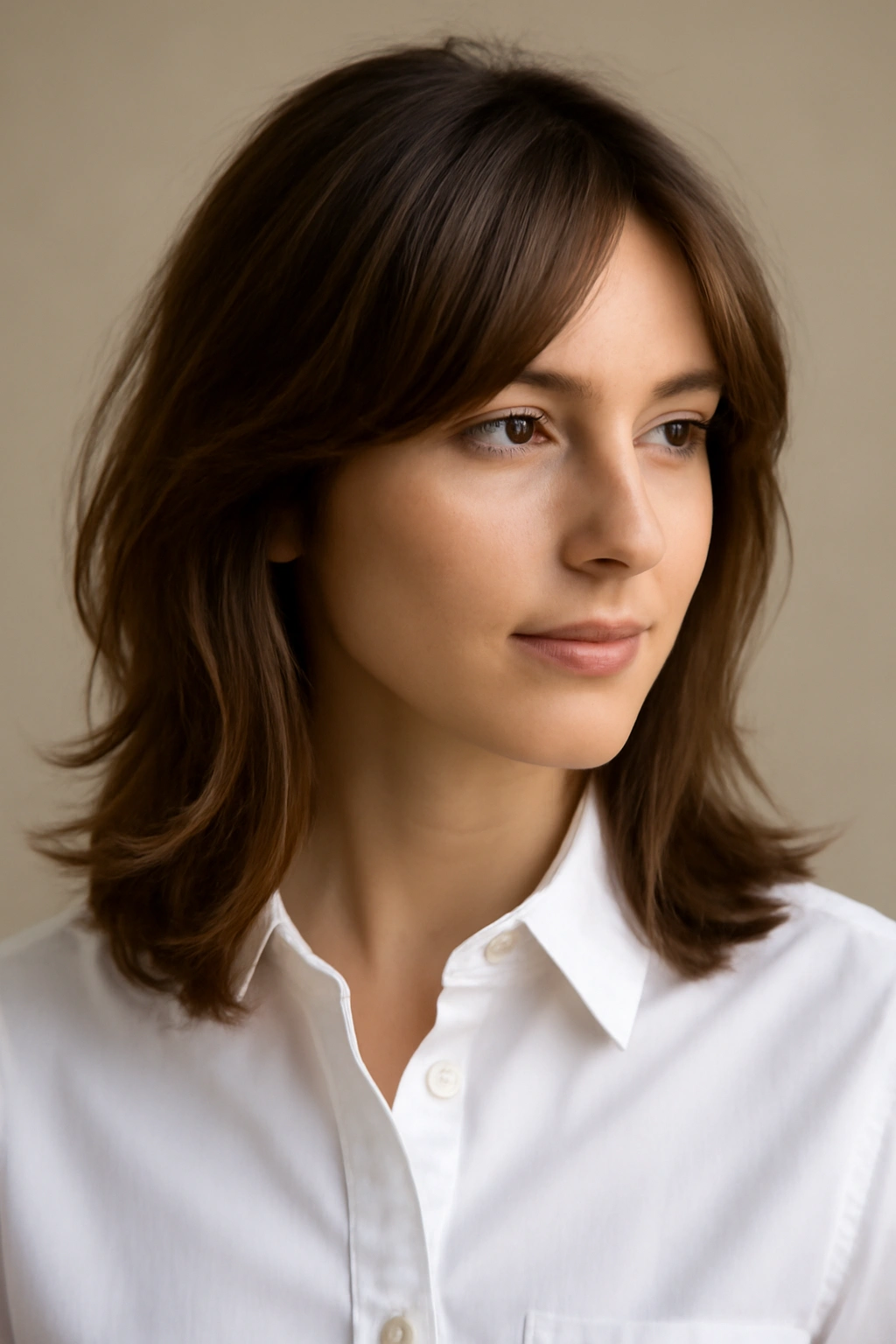 Face-framing layered hairstyle with soft texture and light catch.