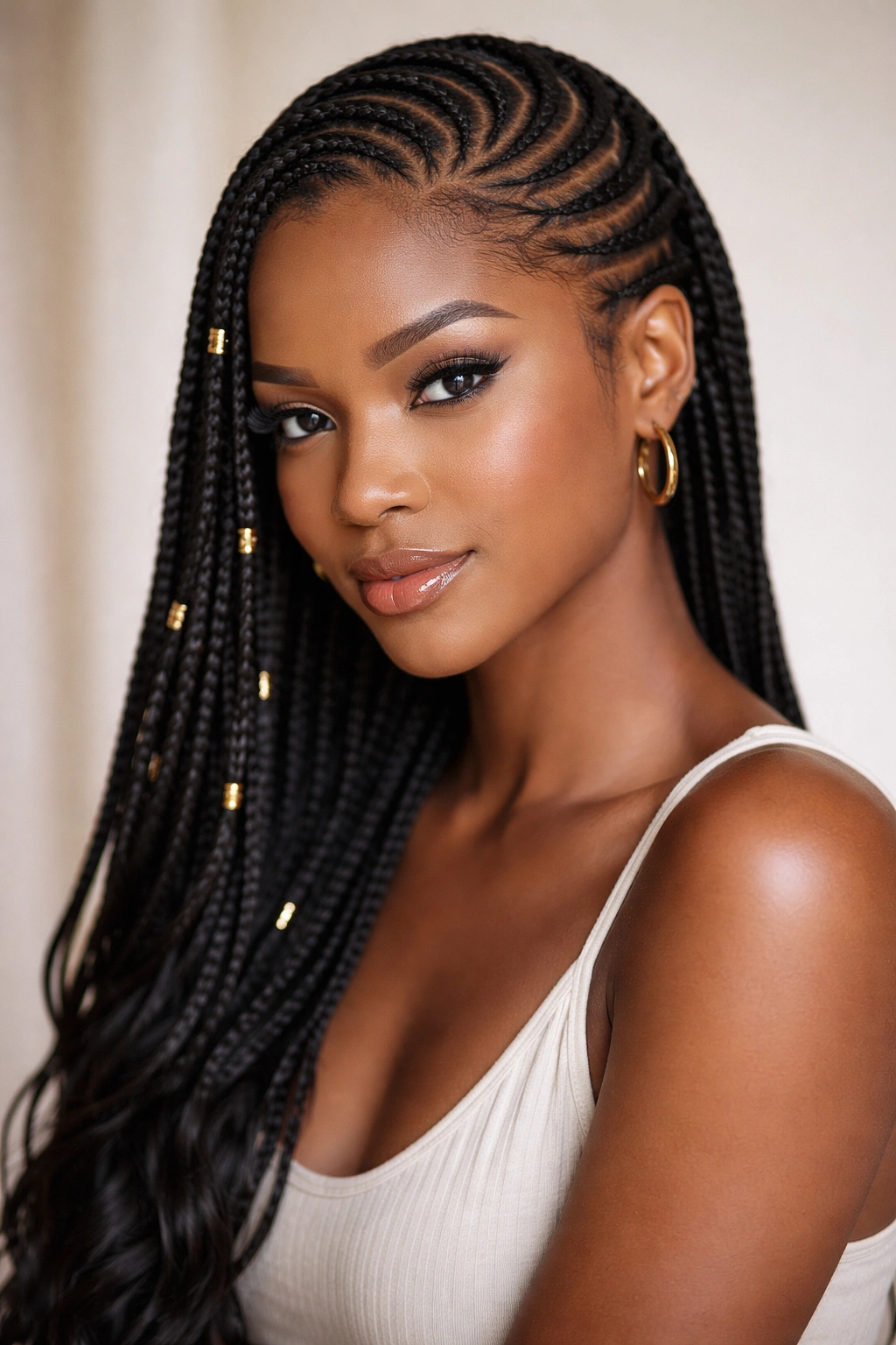 Curved lemonade braids forming diagonal lines across the scalp