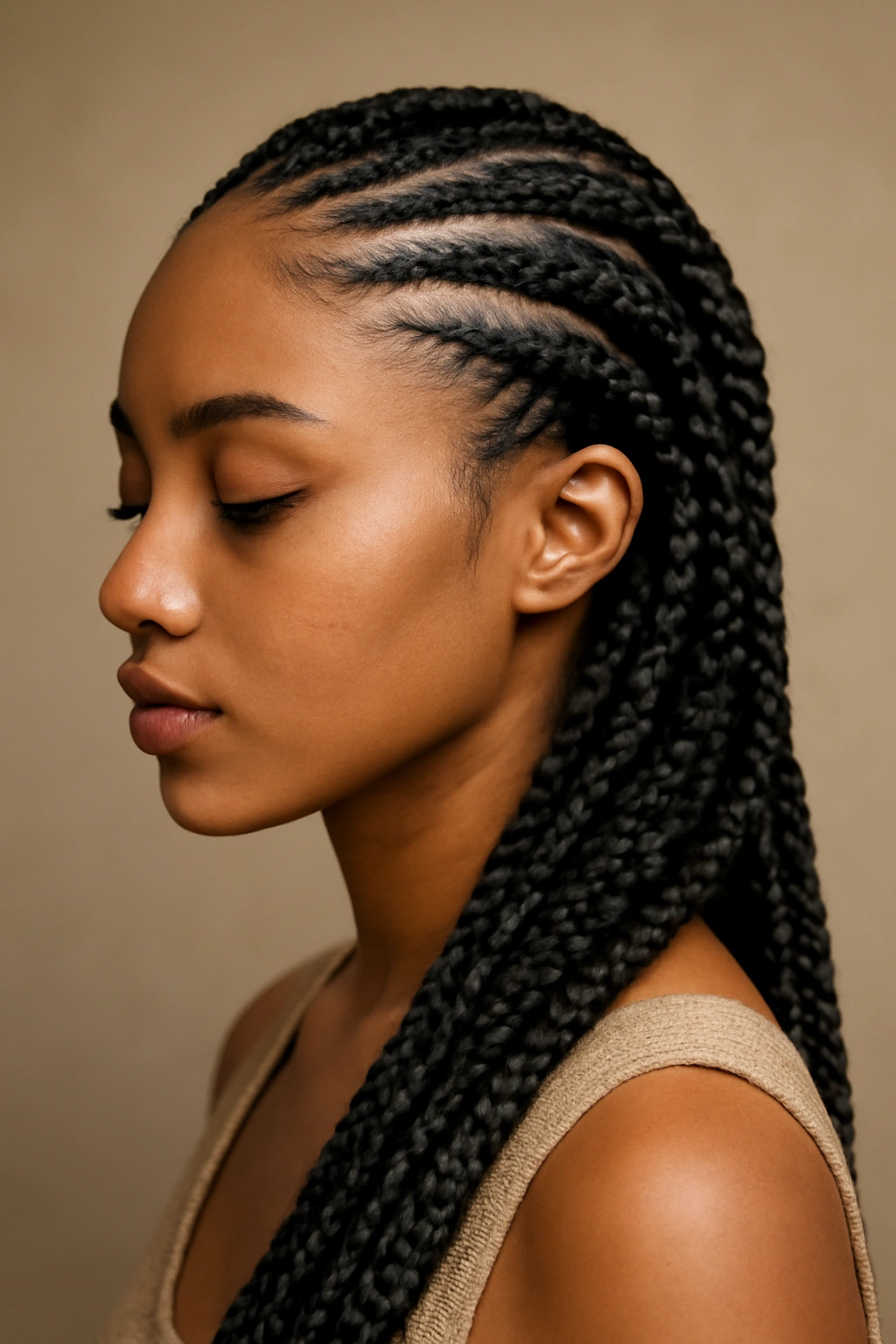 Lemonade braids curving from hairline across the scalp.