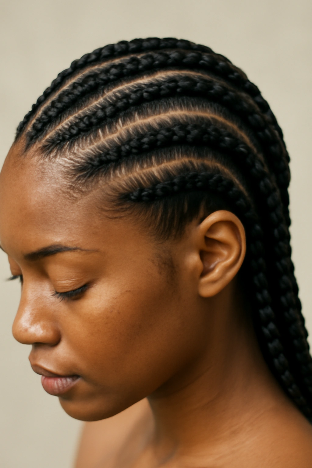 Lemonade braids forming diagonal geometric lines across the scalp