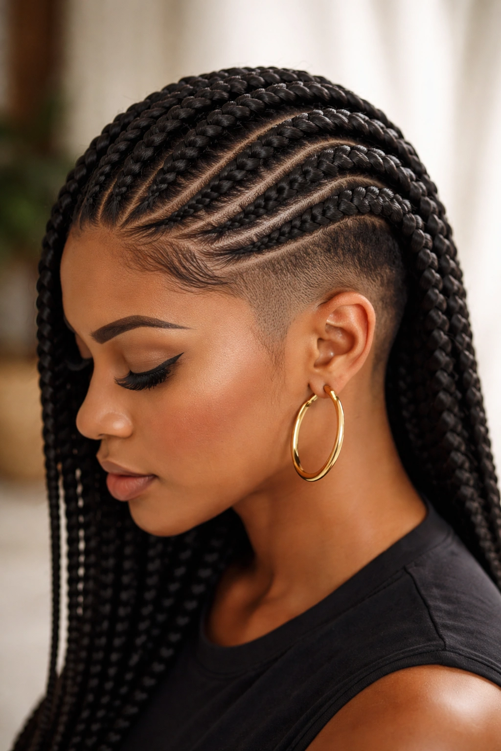 Lemonade braids curved across the head with undercut detail