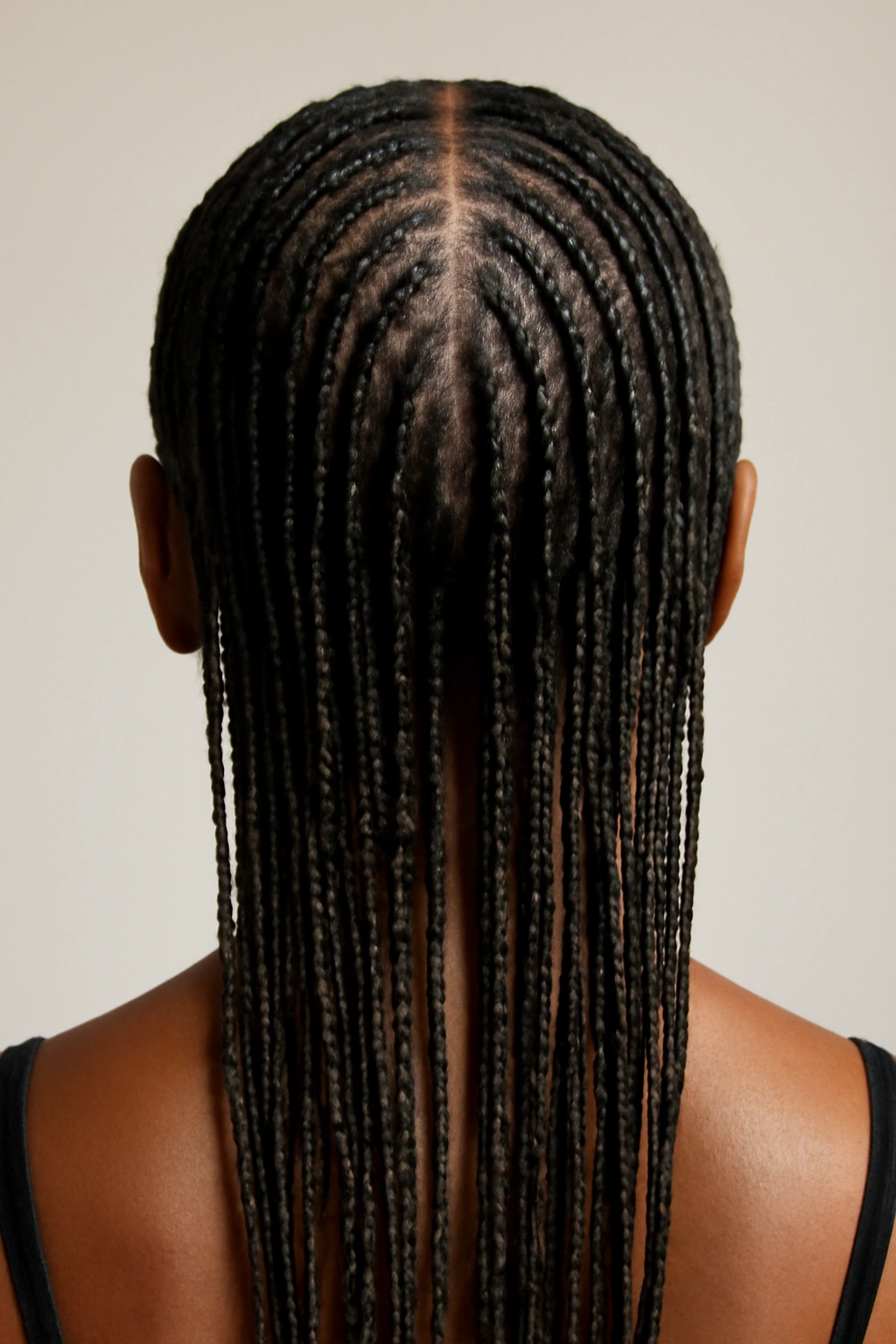 Close-up of slim knotless braids with visible scalp and clean root-to-tip line